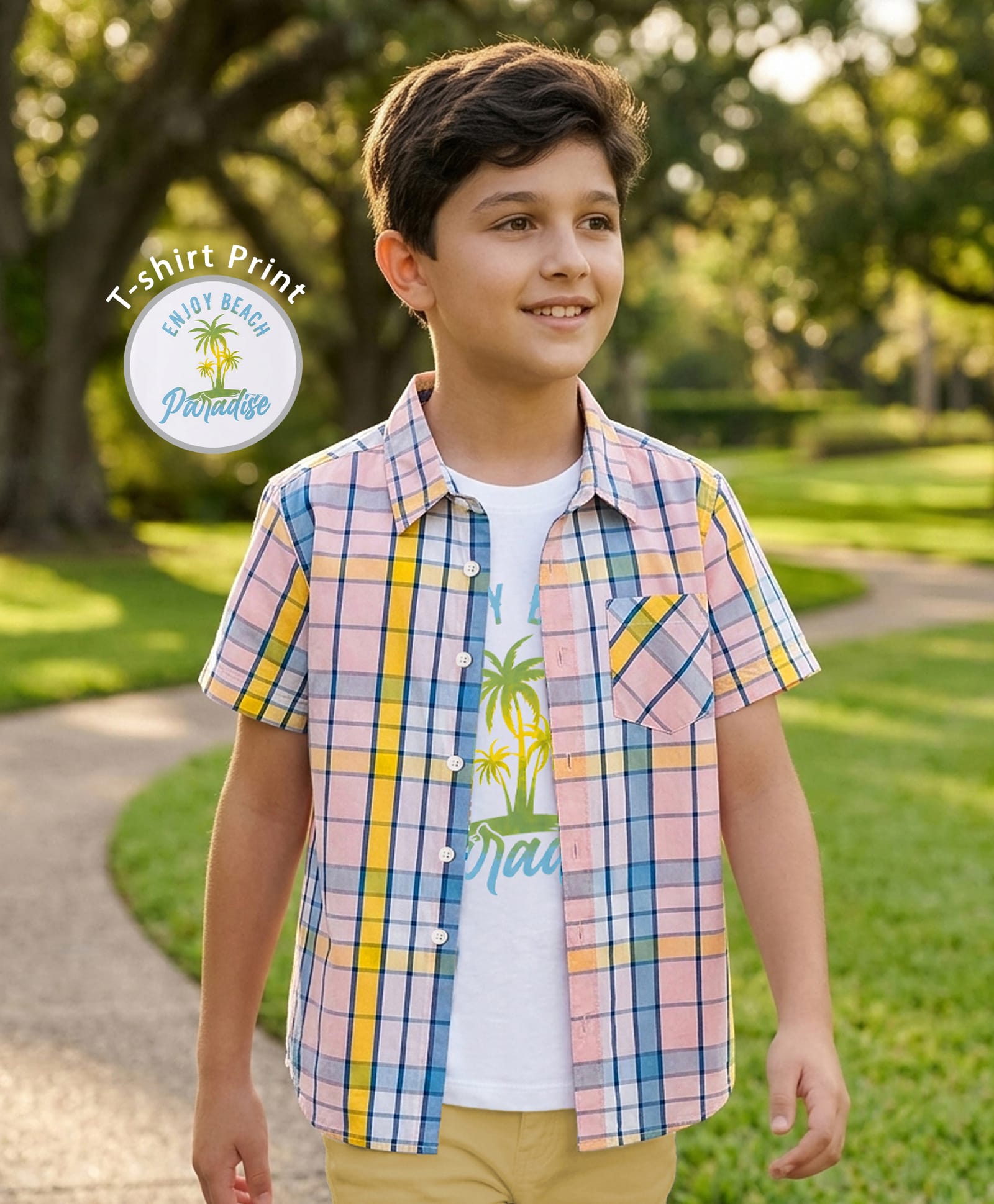 Pine Kids Cotton Woven Half Sleeves Checks Shirts and T-Shirt with Enjoy Beach Paradise Print - Pink-picture-24