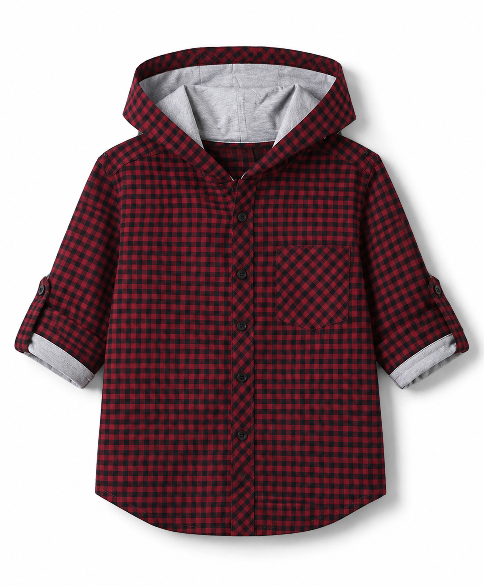 Pine Kids Cotton Woven Hooded Shirt with Full Sleeves and Buffalo Checks Print -Dark Red-image-27