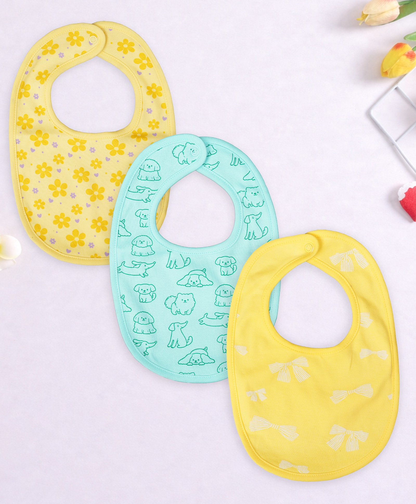 Kidbea Organic Cotton Baby Bib, Adjustable Snap Closure Soft Absorbent Feeding Bibs Apron for Newborns Child With Cute Prints | Reusable Baby Essential - Yello , Mustard & Light/Sky Blue (Pack of 3)-image-7