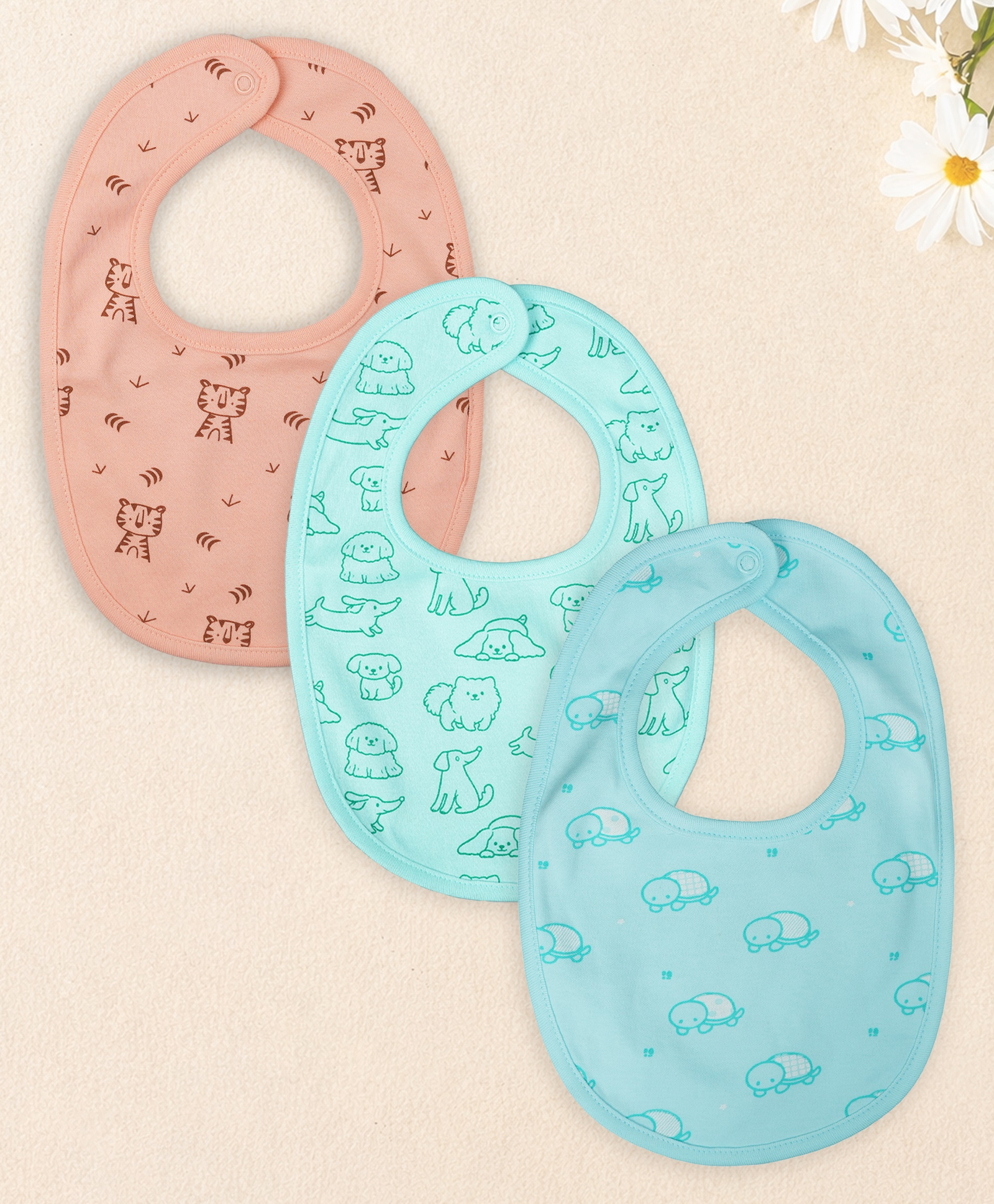 Kidbea Organic Cotton Baby Bib, Adjustable Snap Closure Soft Absorbent Feeding Bibs Apron for Newborns Child With Cute Prints | Reusable Baby Essential - Blue, Peach & Light/Sky Blue (Pack of 3)-image-19