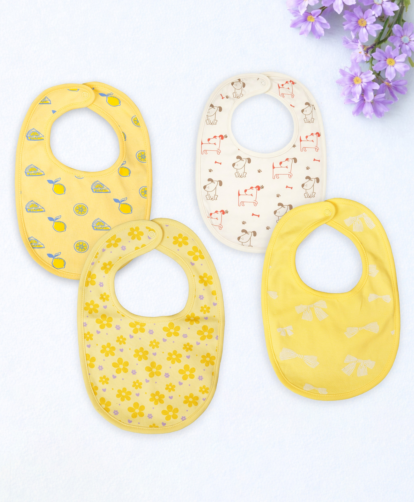 Kidbea Organic Cotton, Adjustable Snap Closure Soft Absorbent Feeding Bibs Apron for Newborns With Cute Prints | Reusable Baby Essential - Lemon/Light Yellow, Mustard, Yellow & Light Pink (Pack of 4)-image-26