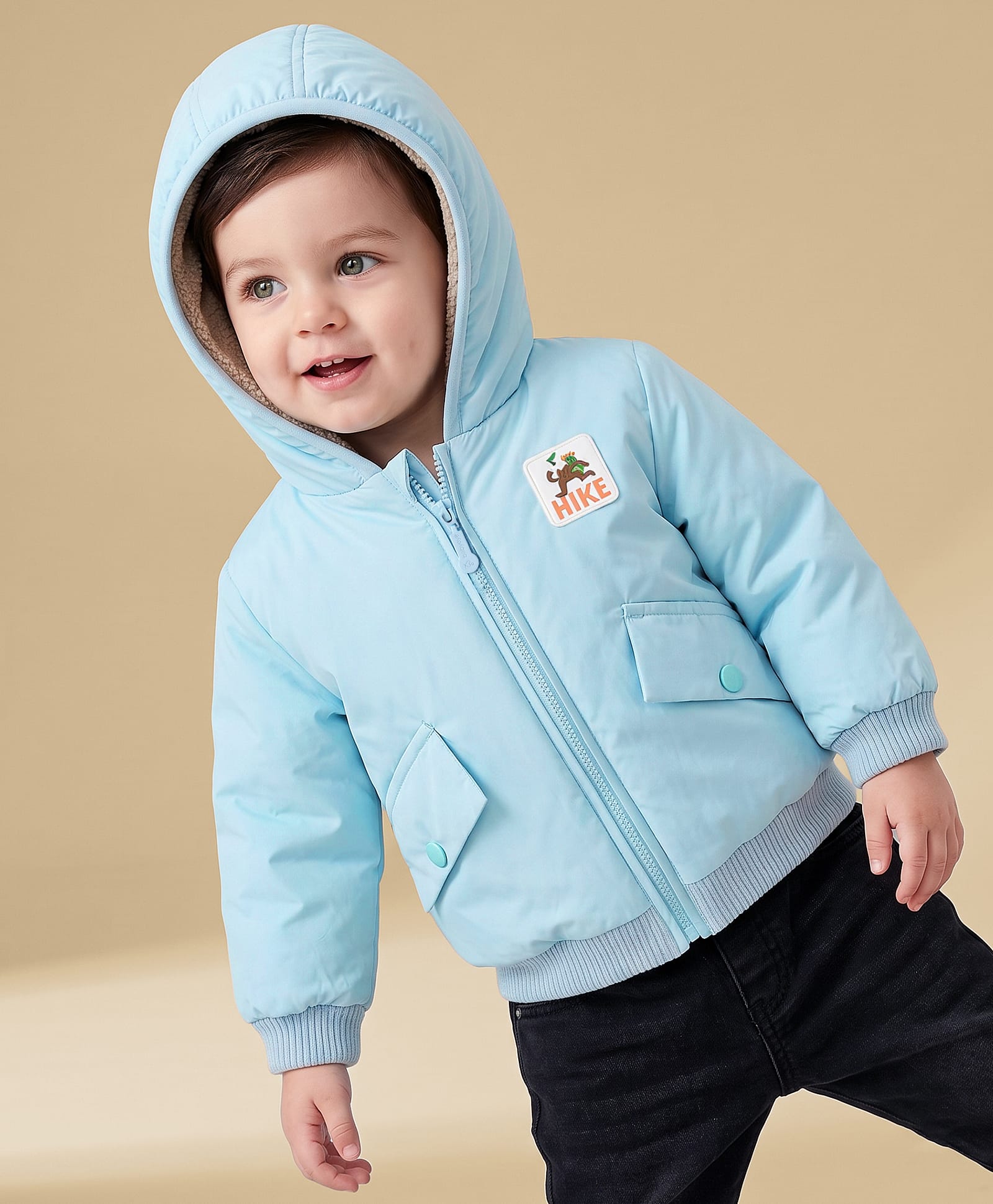 Babyoye Woven Full Sleeves Solid Colour Hooded Padded Jacket with Taffeta Inner Lining & Badge - Light Blue-image-8