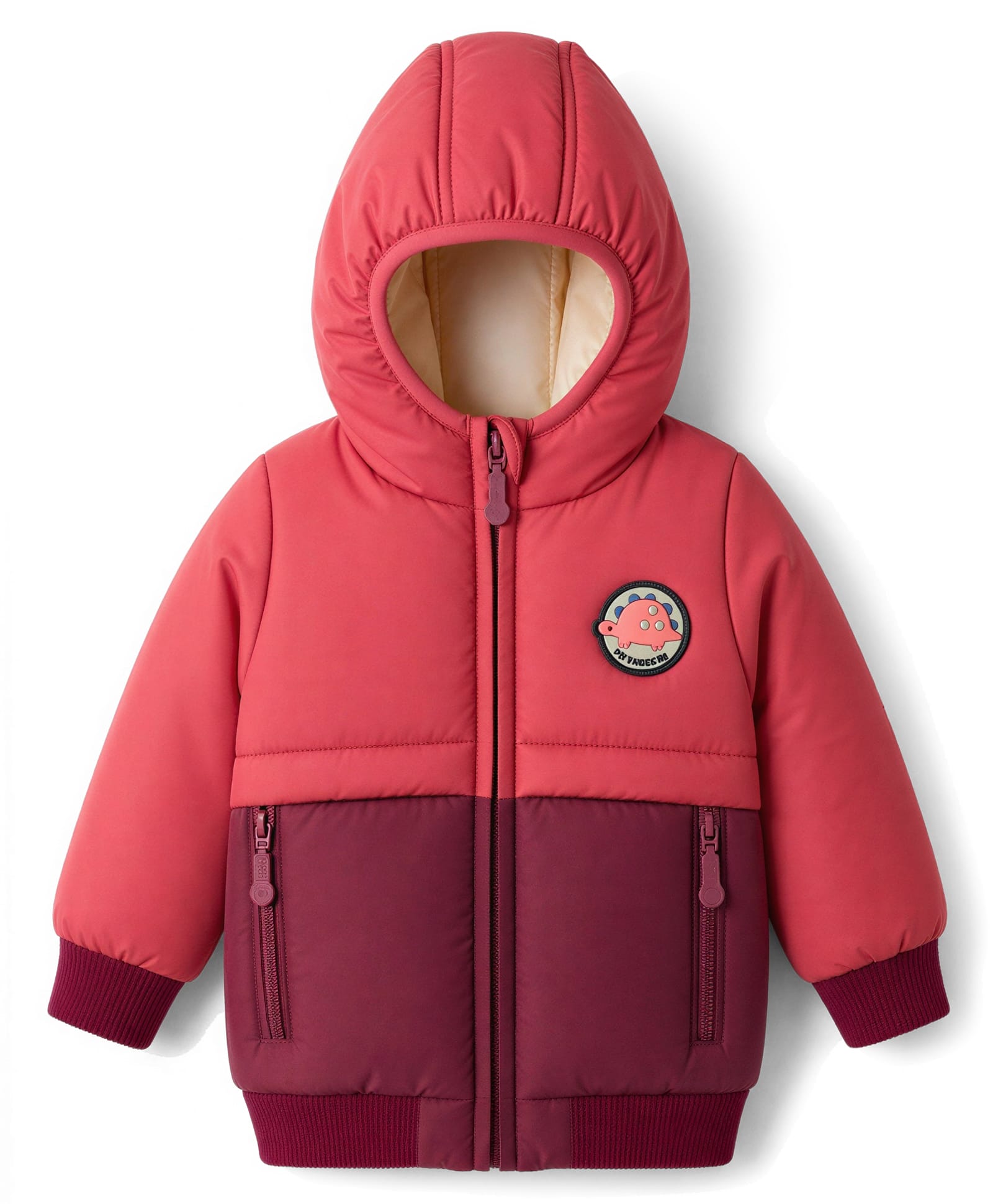 Babyoye Woven Full Sleeves Hooded Padded Colour Block Jacket with Dinosaur Patch - Dark Pink-picture-15