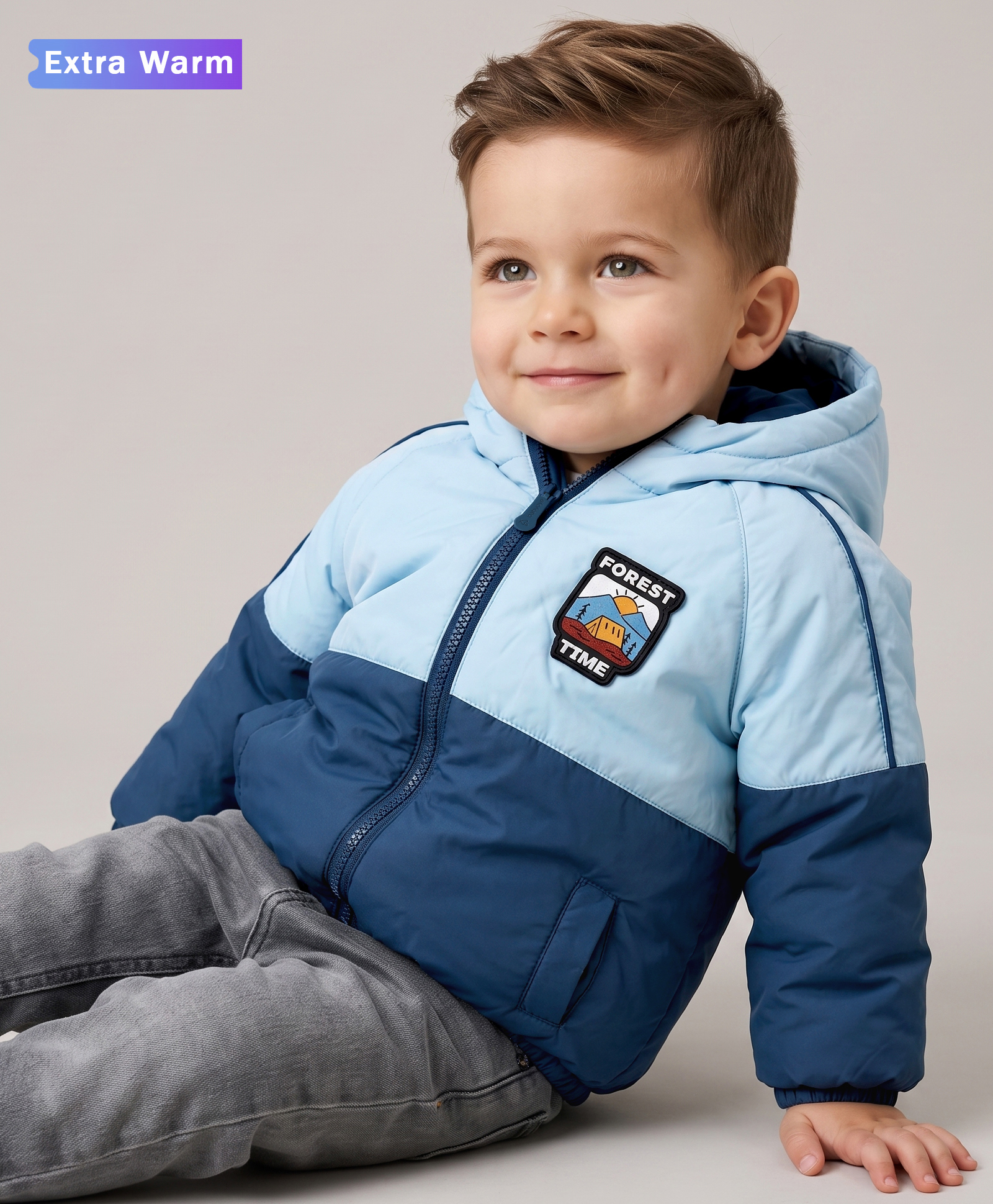 Babyoye Woven Full Raglan Sleeves Colour Block Hooded Padded Jacket with Taffeta Inner Lining & Jungle Theme Badge - Light & Navy Blue-image-33