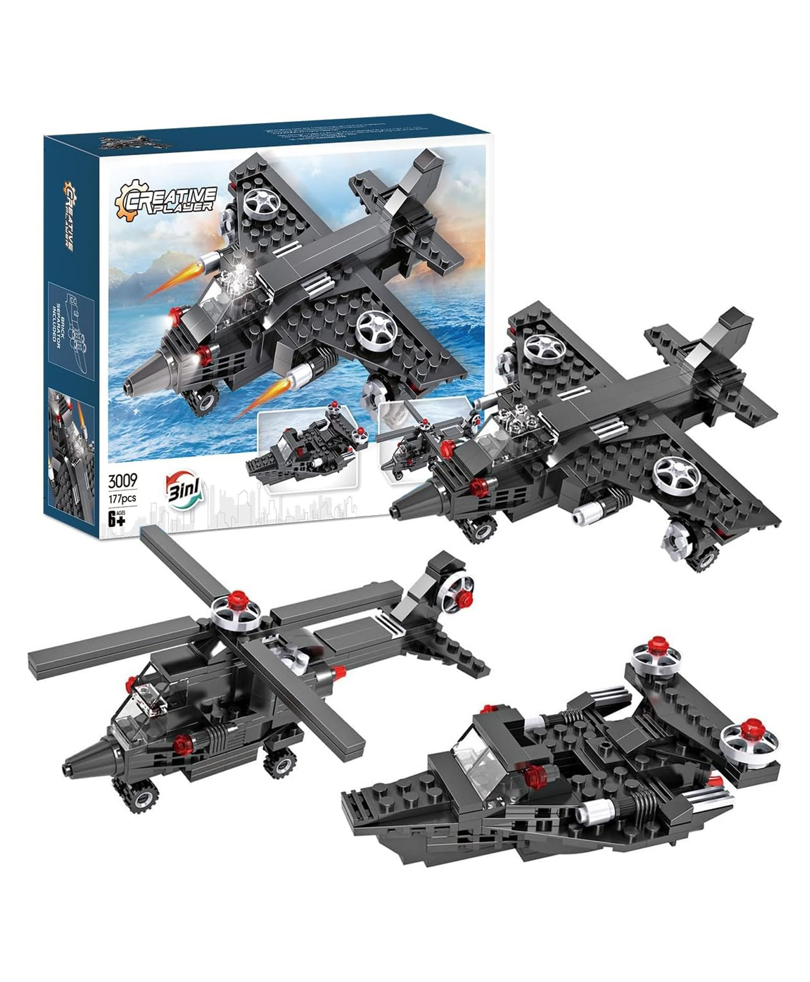 Elecart 3-in-1 Creator Construction Toy Set (177 Pieces) Jet Plane, Helicopter & Cannon Boat Building Kit | STEM Educational Aircraft Blocks for Kids Boys & Girls Age 6-12 | Creative DIY-picture-22