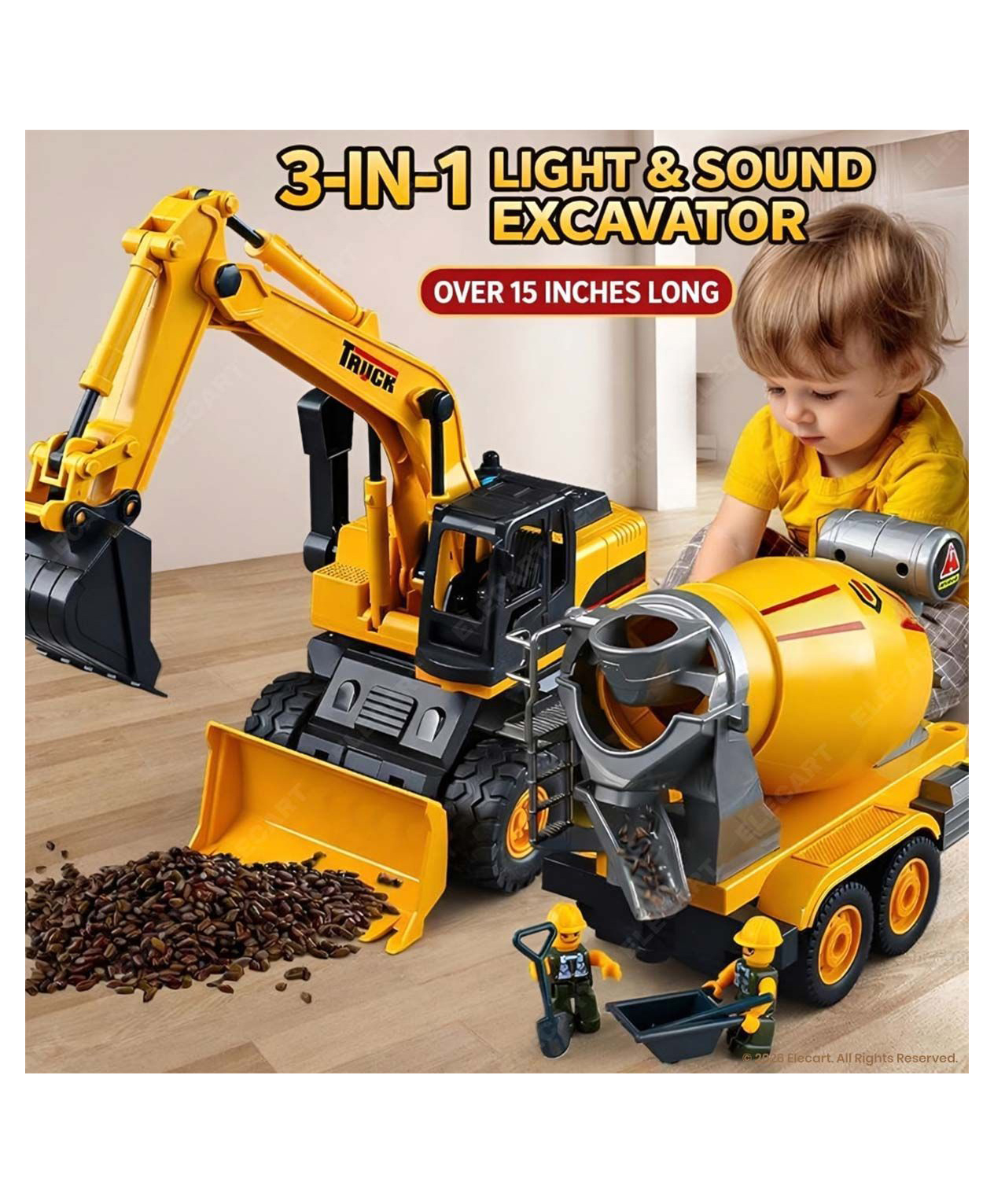 Elecart Friction Powered Excavator Toy for Kids with Light & Music | Push & Go Construction Truck with Detachable Trailer | No Battery Vehicle Toy for Boys & Girls | Toddler Toy-picture-12