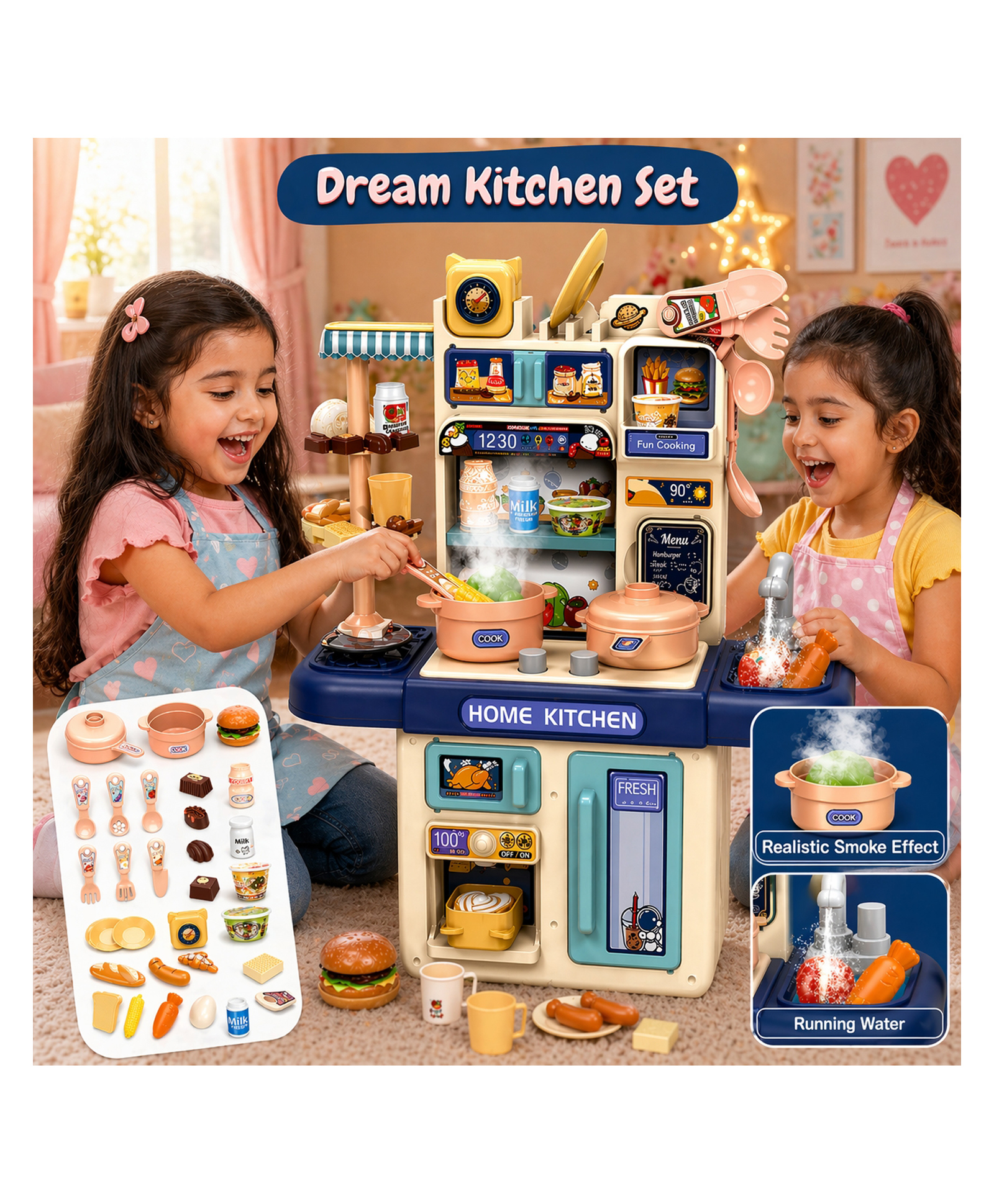 Elecart Kids Kitchen Playset with Realistic Steam & Lights | 39 PCS Pretend Play Cooking Set with Sink, Stove, Oven, Fridge & Accessories | Mini Kitchen Toy Set for Girls (Blue)-image-40