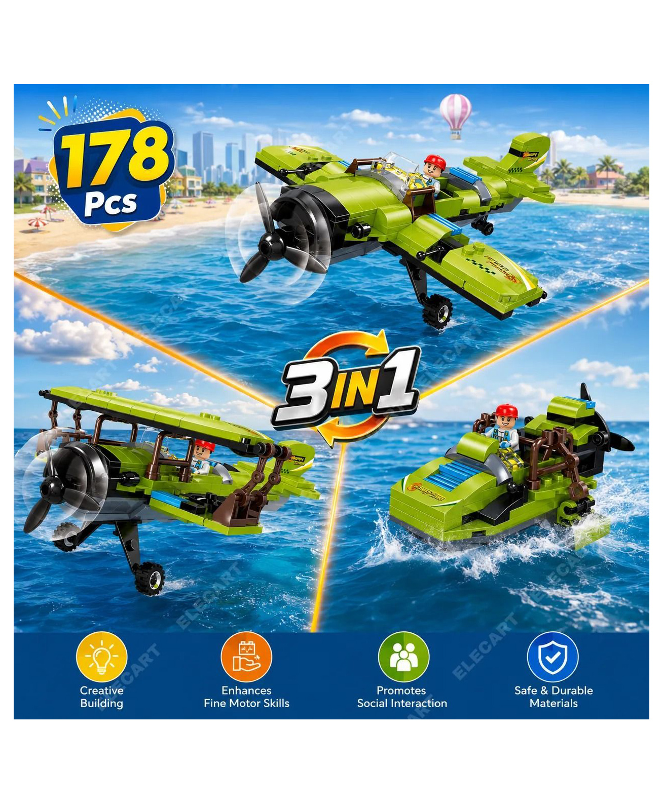 Elecart 3-in-1 Creator Construction Toy Set (178 Pieces) Jet Plane, Helicopter & Cannon Boat Building Kit | STEM Educational Aircraft Blocks for Kids Boys & Girls Age 6-12 | Creative DIY-picture-23