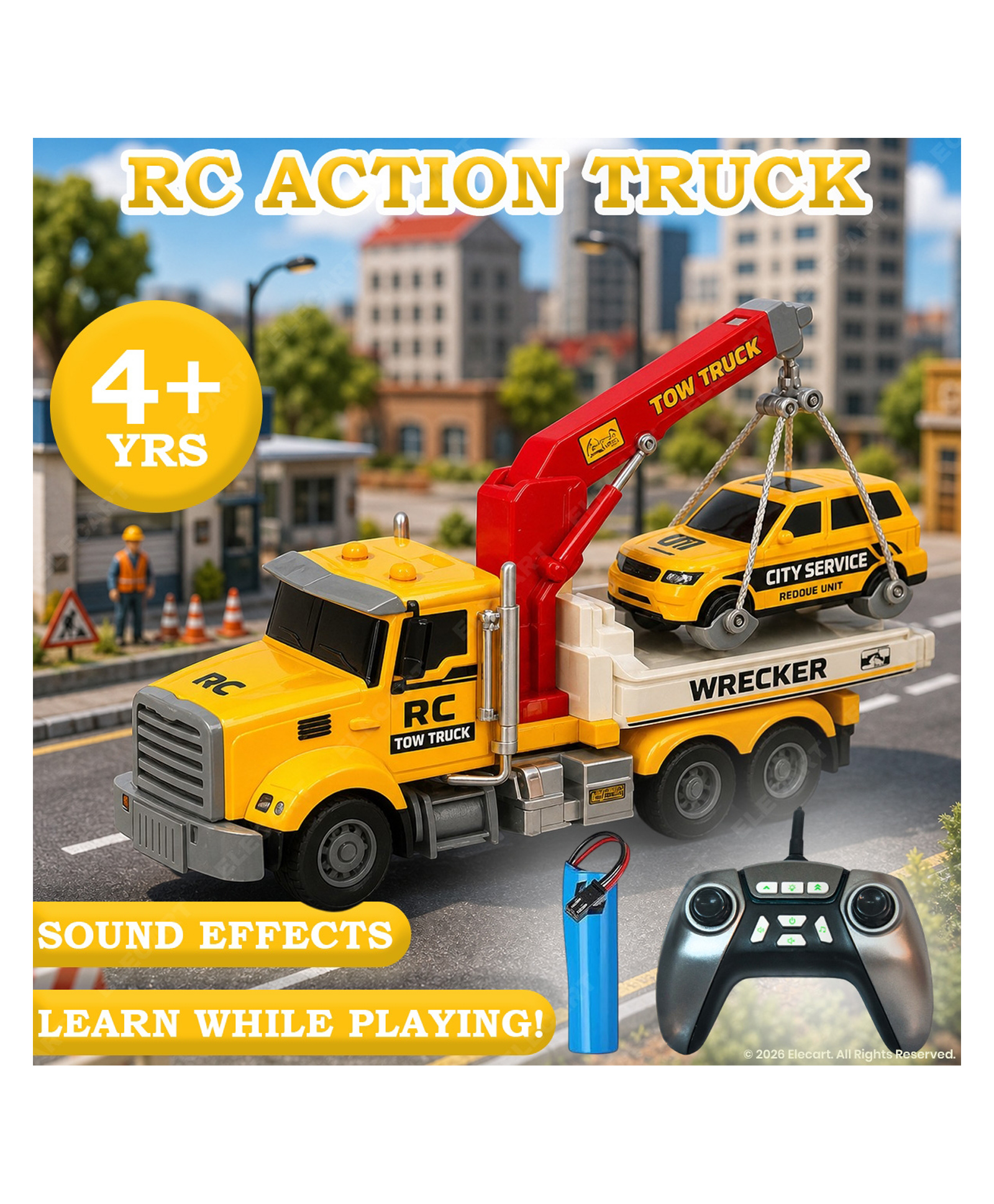Elecart Big Tow Truck Toy for Boys 4-8 Years | 1:18 Pull Back Tow Truck with Hook & Car | Lights & Sound Rescue Vehicle | Large Plastic Transport Truck with Movable Boom & Tilting Trailer-picture-17