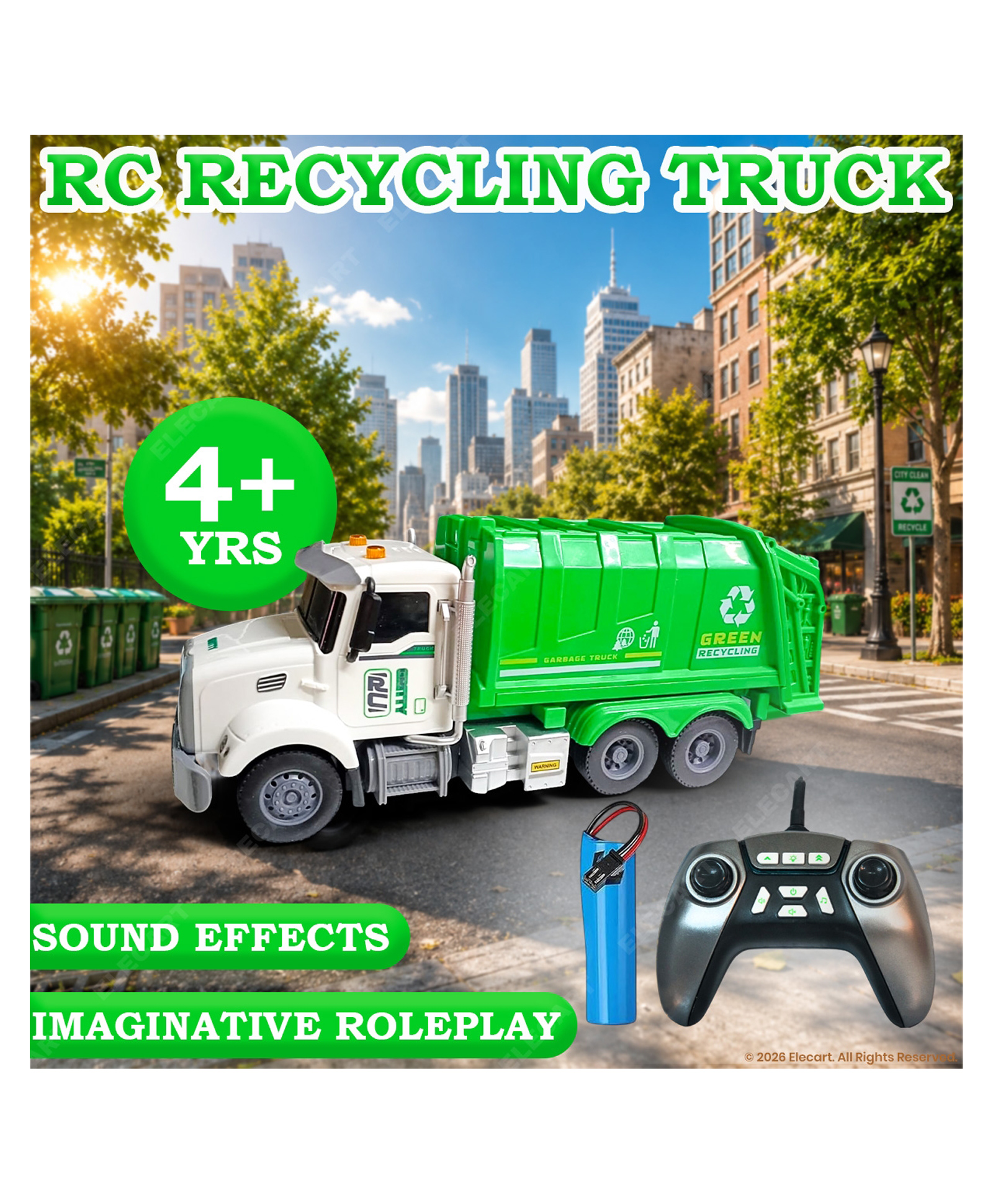 Elecart RC Garbage Truck Toy with Light & Sound, 1:24 Scale Remote Control Waste Management Truck | 2.4GHz 6 Channel RC Truck with Auto Demo, Working Lift Arm, Trash Bin & USB Charging | Toy Gift-picture-21