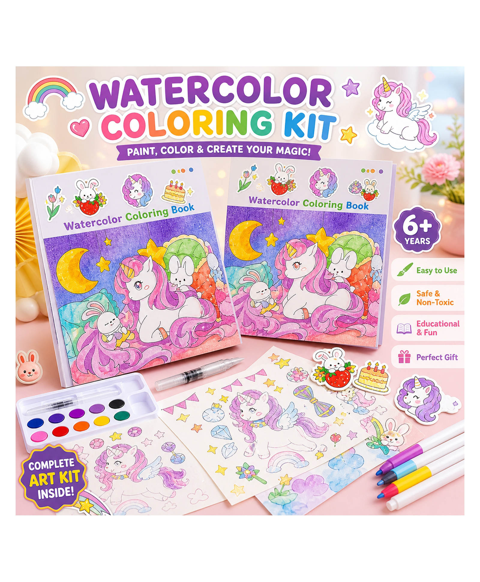 Elecart Watercolor Painting Book Set for Kids Unicorn DIY Coloring Notebook with 12 Water Colors, Water Brush Pen, 24 Doodle Sheets | Art & Craft Painting Kit for Boys & Girls | Travel Activity Toy-image-22