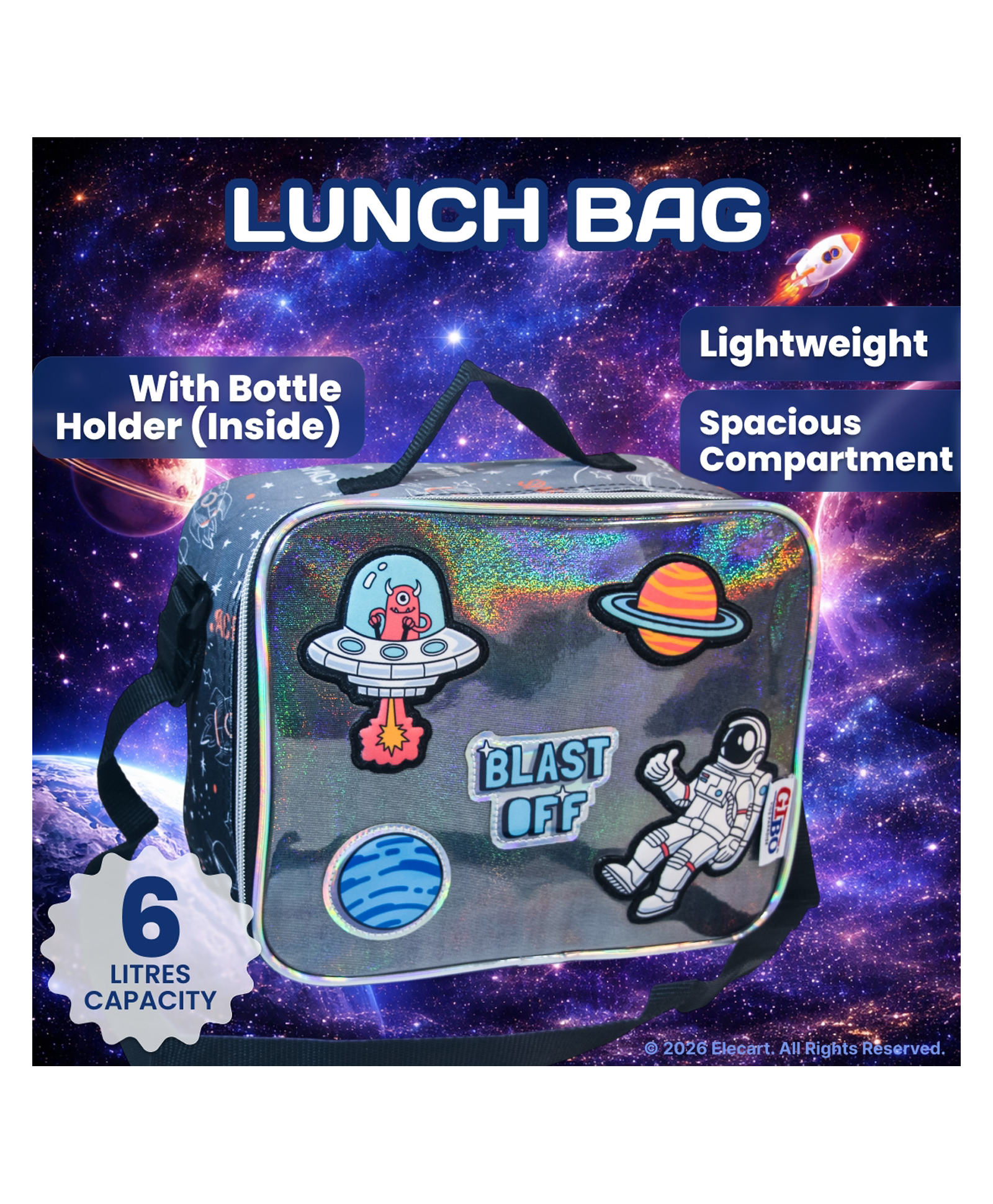 Elecart 3D Space Printed Insulated Lunch Bag for Kids | Thermal Tiffin Storage Bag | Waterproof Portable Lunch Box Carrier for School, Travel, Picnic & Daycare | Durable Lunch Tote for Boys & Girls-image-36