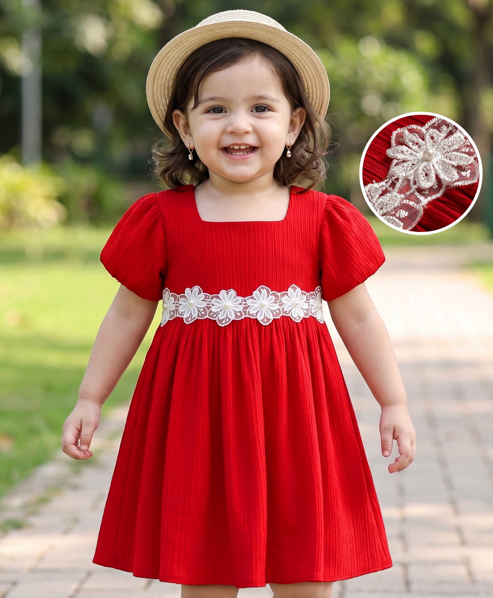 Babyhug Woven Half Sleeves Frock With Floral Lace Detailing - Red-image-10