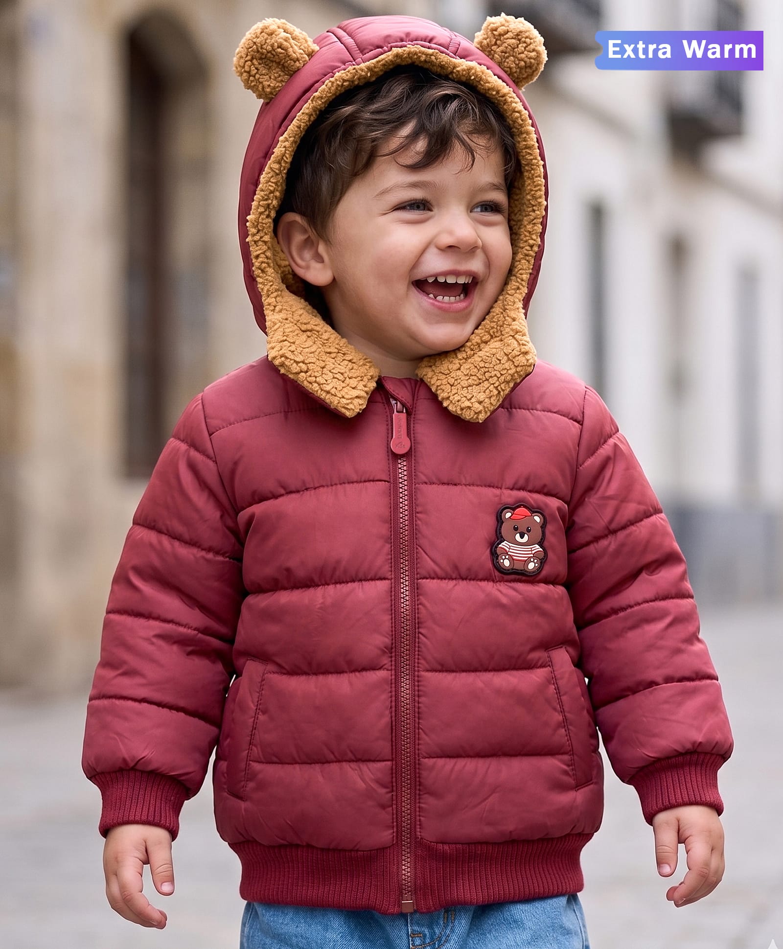 Babyoye Woven Full Sleeves Hooded Padded Jacket with Bear Applique - Maroon-image-41