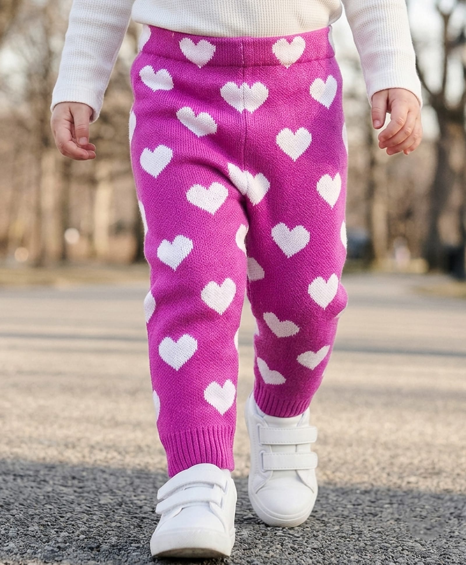 Babyhug Knit Full Length Woollen Pant With Hearts Design - Pink-picture-20