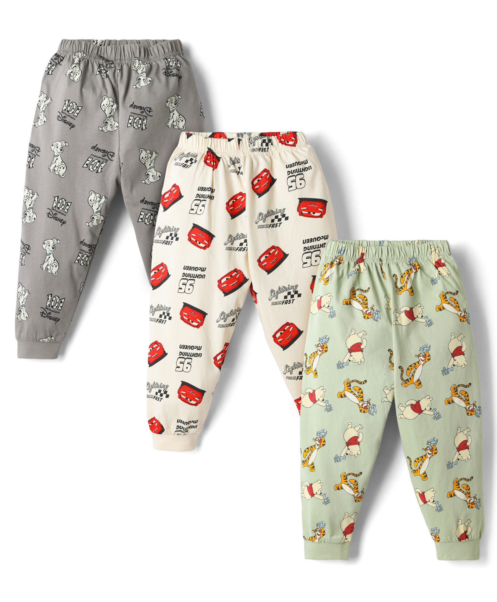 CUCUMBER Sinker Knit Full Length Lounge Pant with Car Winnie The Pooh & 101 Dalmatians Print Pack of 3 - Light Green & Cream-image-40