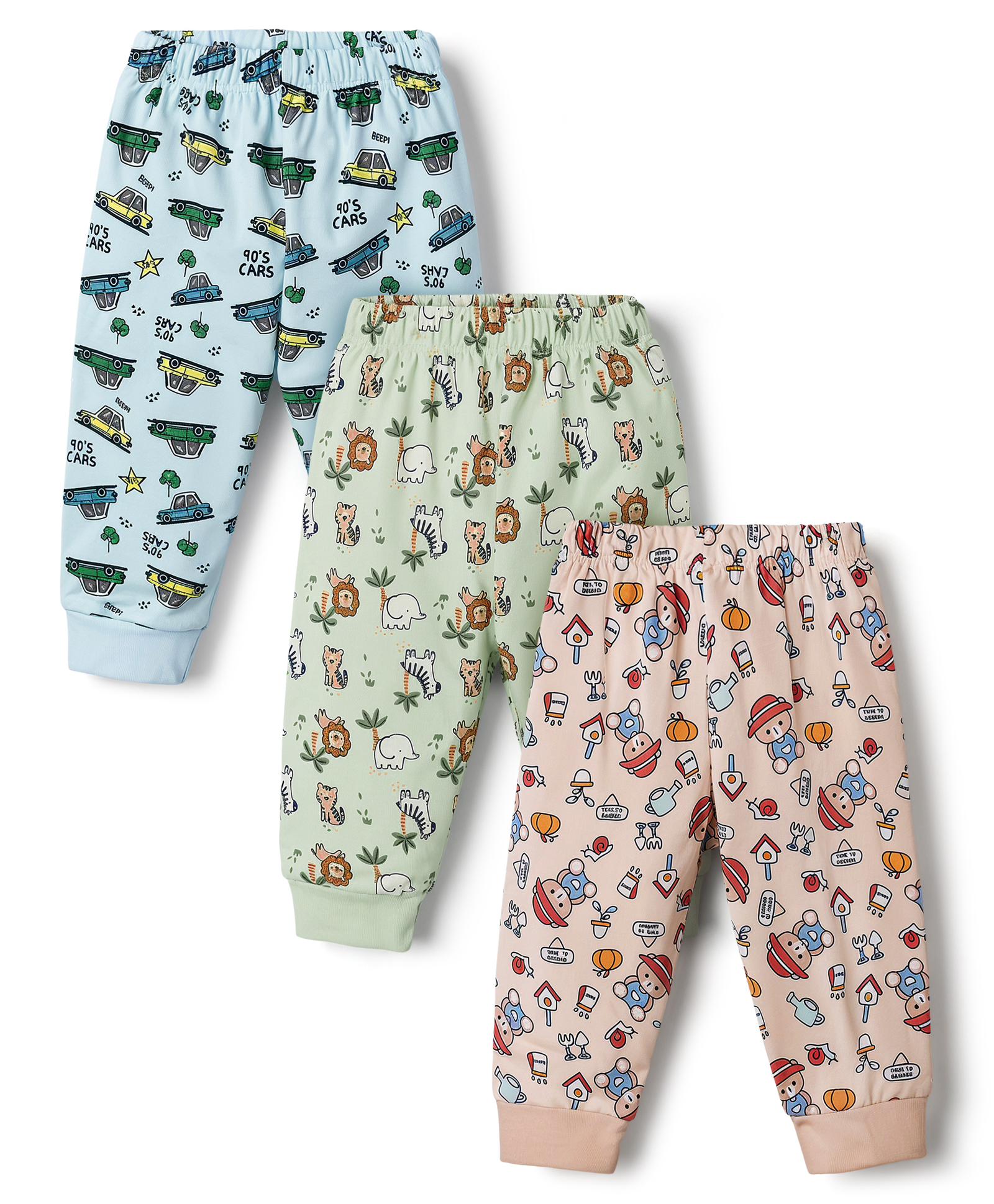 Cucumber Sinker Knit Full Length Car & Animals Printed Lounge Pack of 3 - Blue Light Green & Pink-image-38