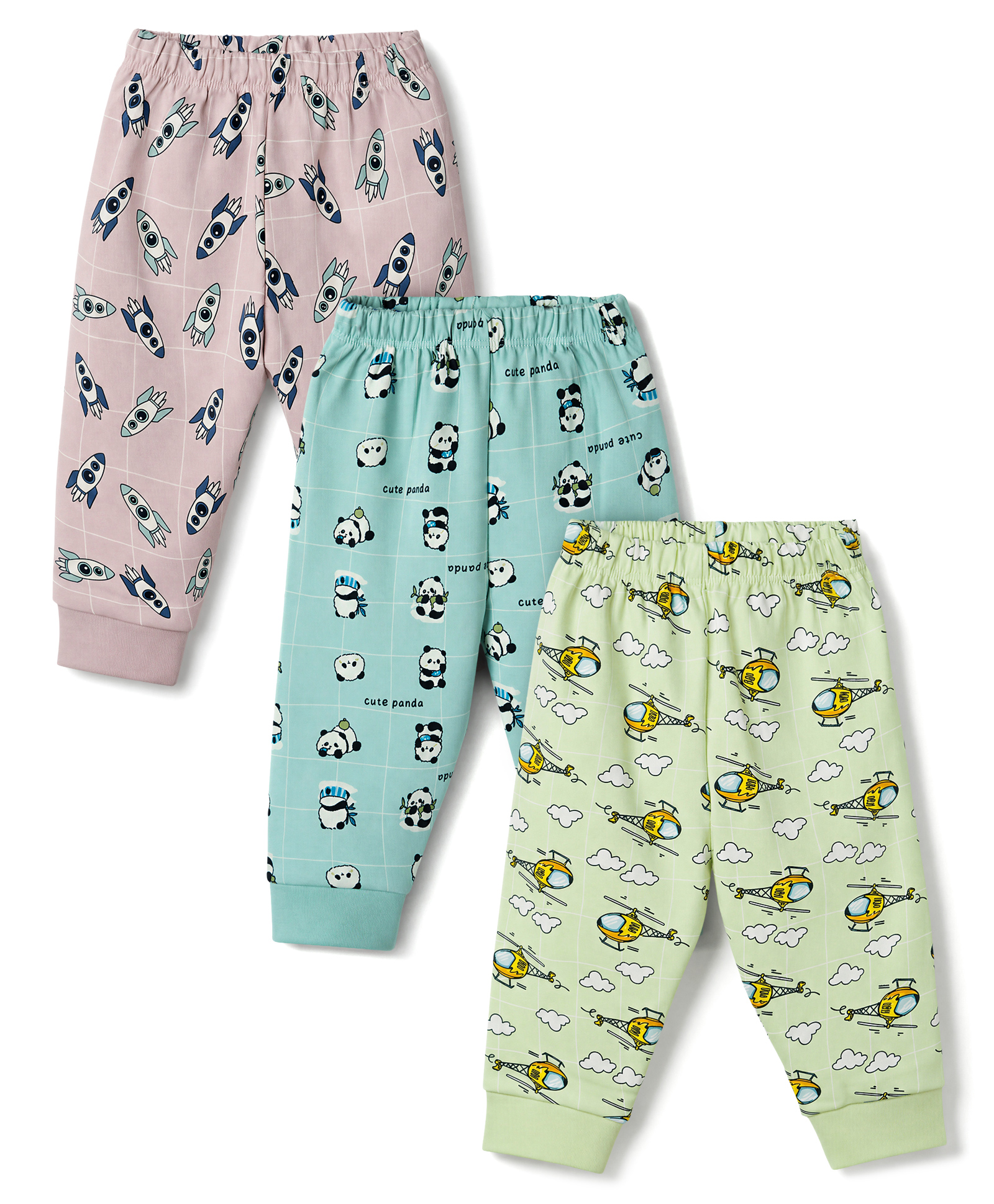 Cucumber Sinker Knit Full Length Space & Panda Printed Lounge Pack of 3 -Blue & Pink & Light Green-image-37