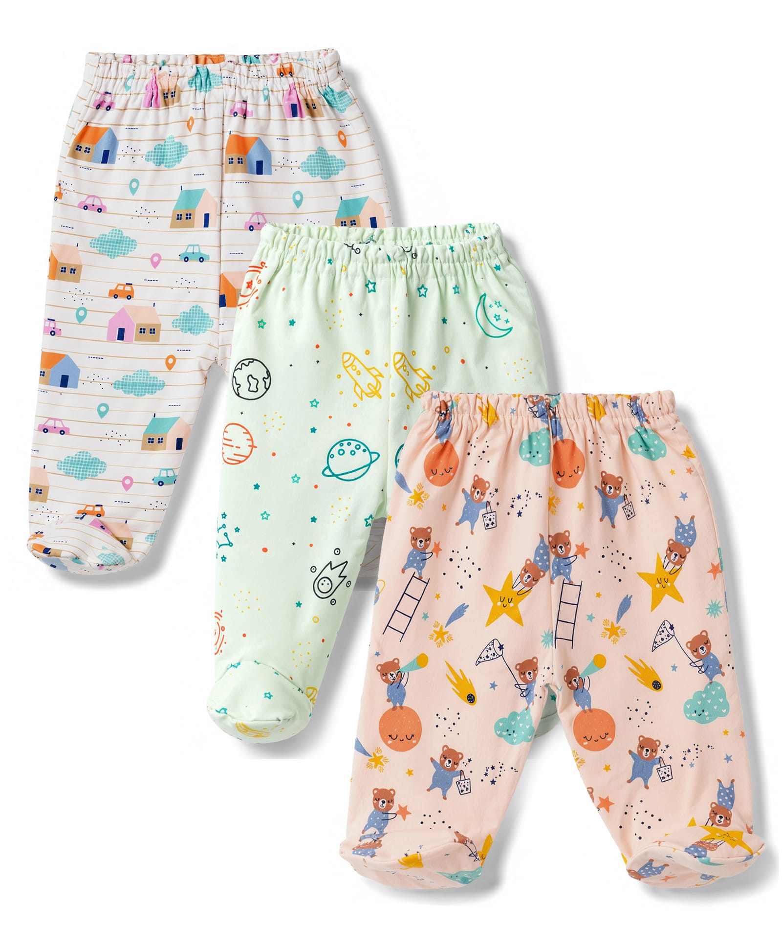 CUCUMBER Sinker Knit Full Length Diaper Leggings with Bear & Space Print Pack of 3 - Peach Pista & Green-picture-13