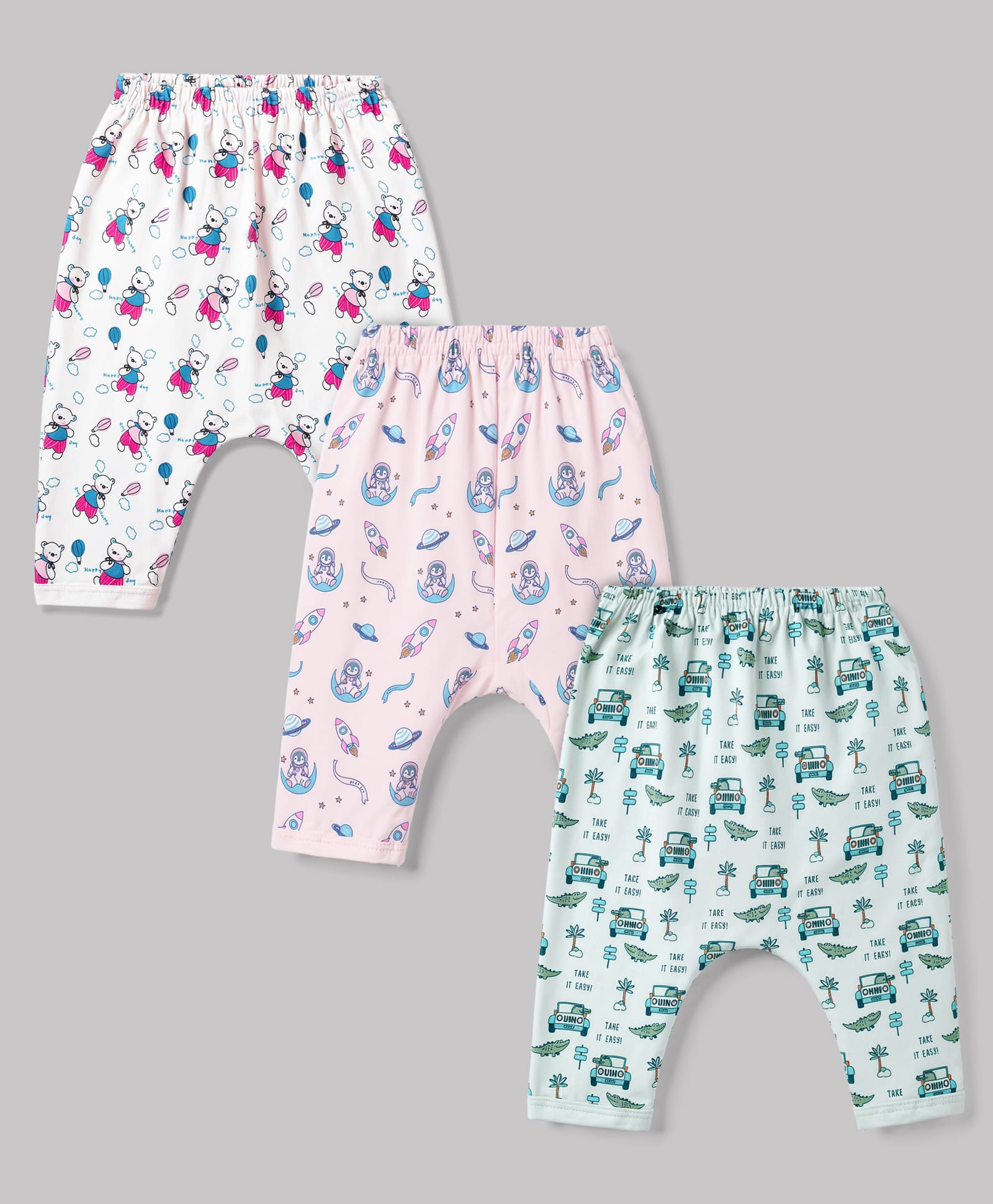 Cucumber Sinker Knit Full Length Diaper Leggings With Animals & Space Theme Print Pack of 3 - Cream & Pink-picture-2