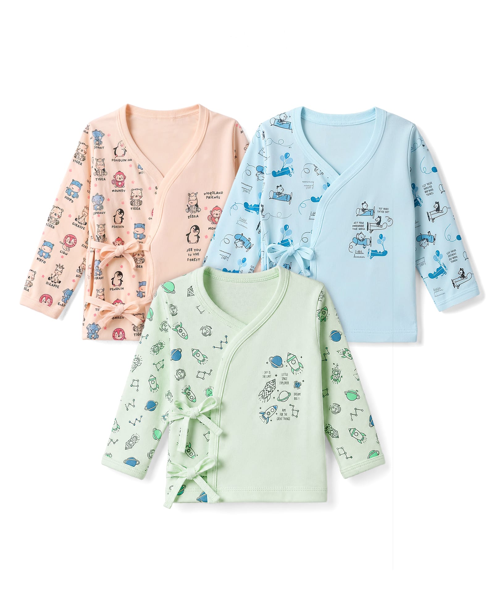 CUCUMBER Sinker Knit Full Sleeves Jhablas with Space & Bear Print Pack of 3 - Light Peach Light Green & Light Blue-image-45
