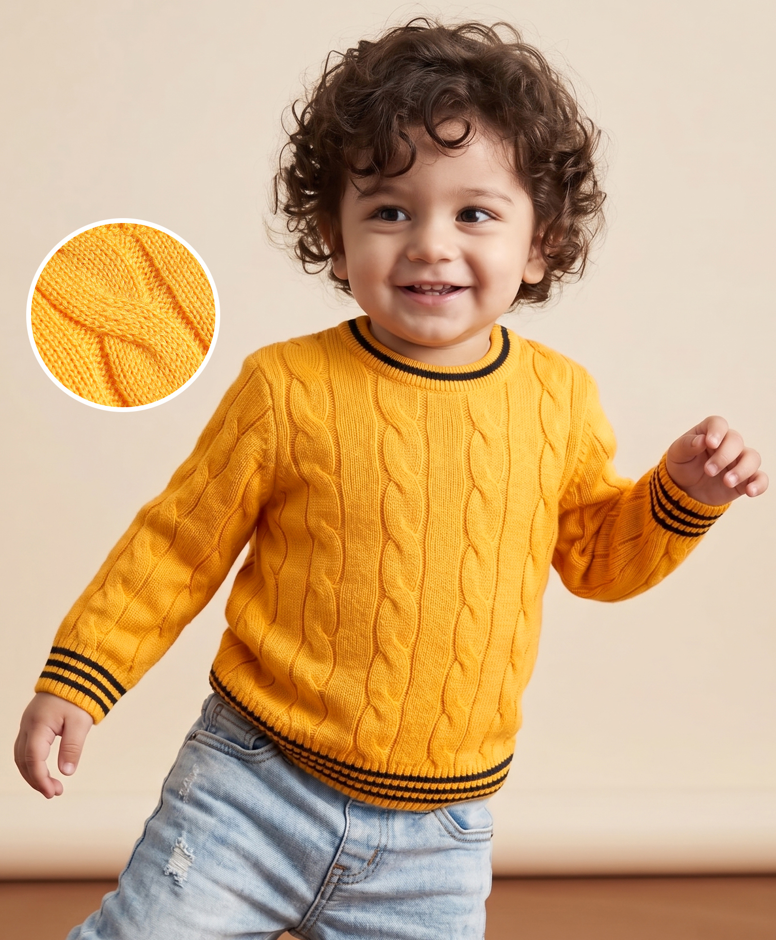 Babyhug Knit Full Sleeves Solid Colour Pullovers with Cable Knit Design - Yellow-picture-22