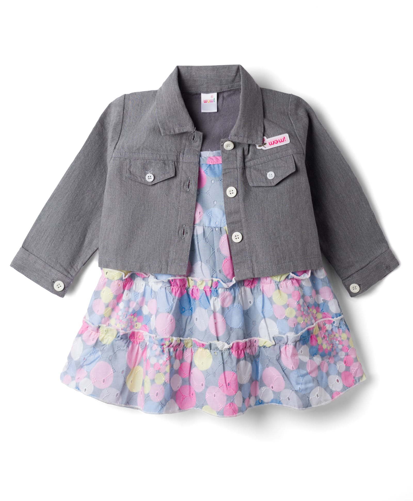 WOW Clothes Knit Circle Printed Tiered Frock with Full Sleeves Jacket - Pink & Grey-image-38