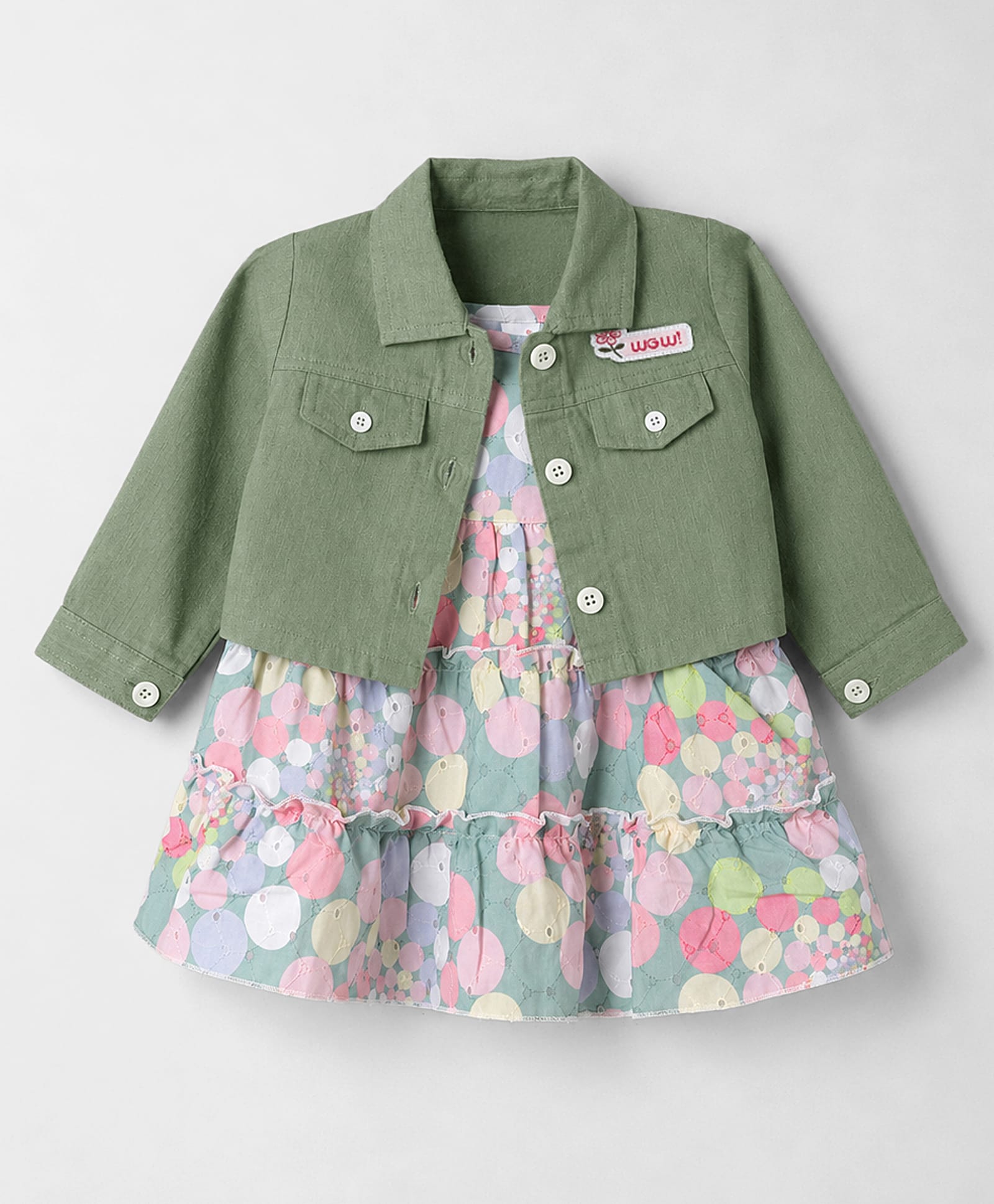 WOW Clothes Knit Circle Printed Tiered Frock with Full Sleeves Jacket -Olive Green-image-9