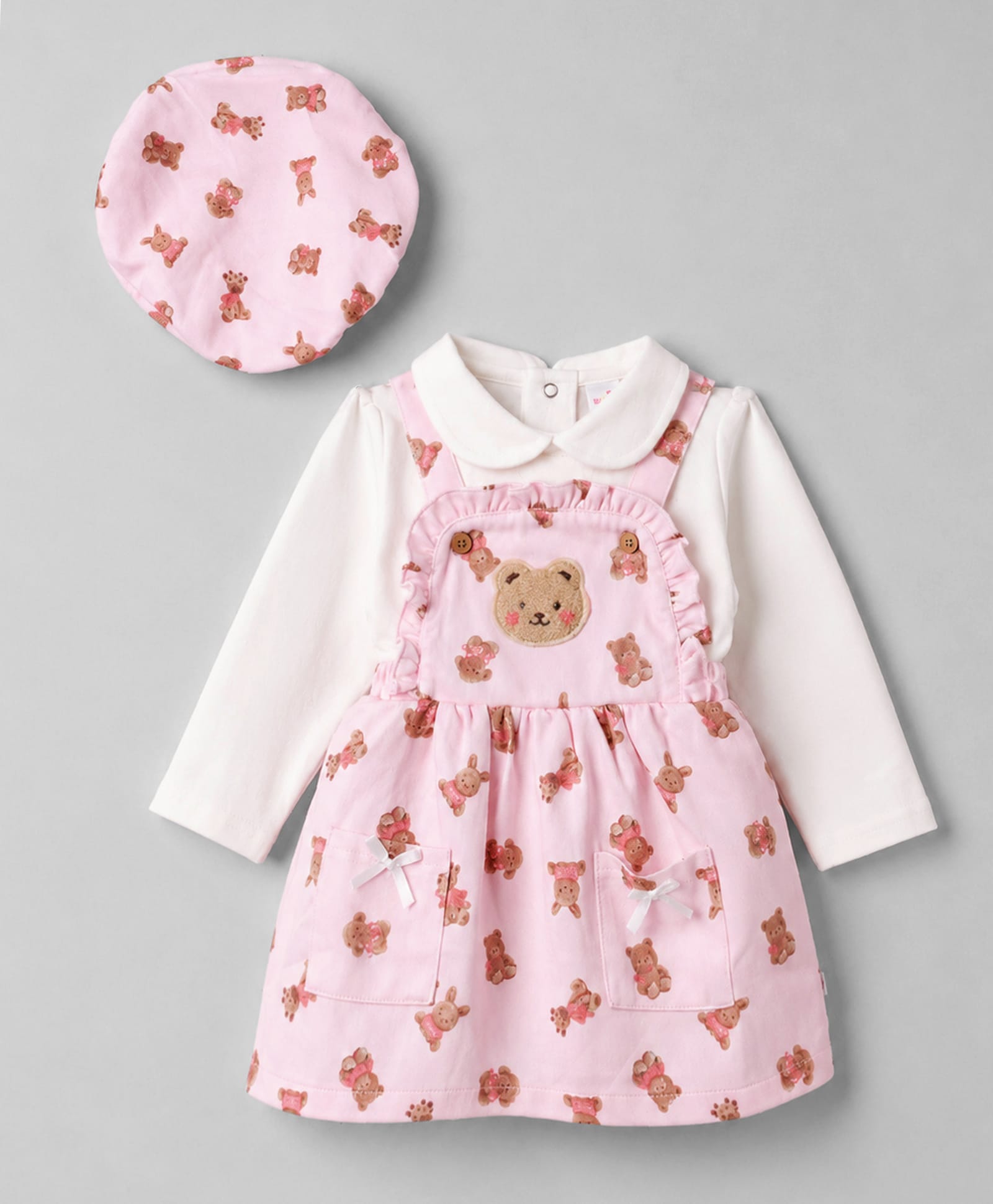 Wow Clothes Cotton Knit Bear Printed Frock & Full Sleeves Inner Tee with Cap -Peach-image-33
