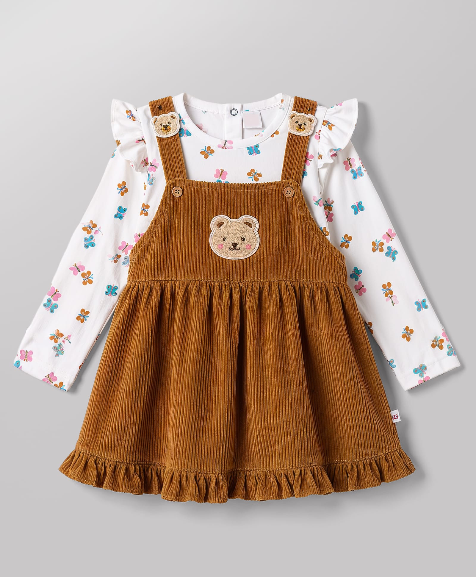 Wow Clothes Knit Rib Frock & Full Sleeves Inner Tee with Butterfly Print & Bear Patch- Rust Orange-image-8