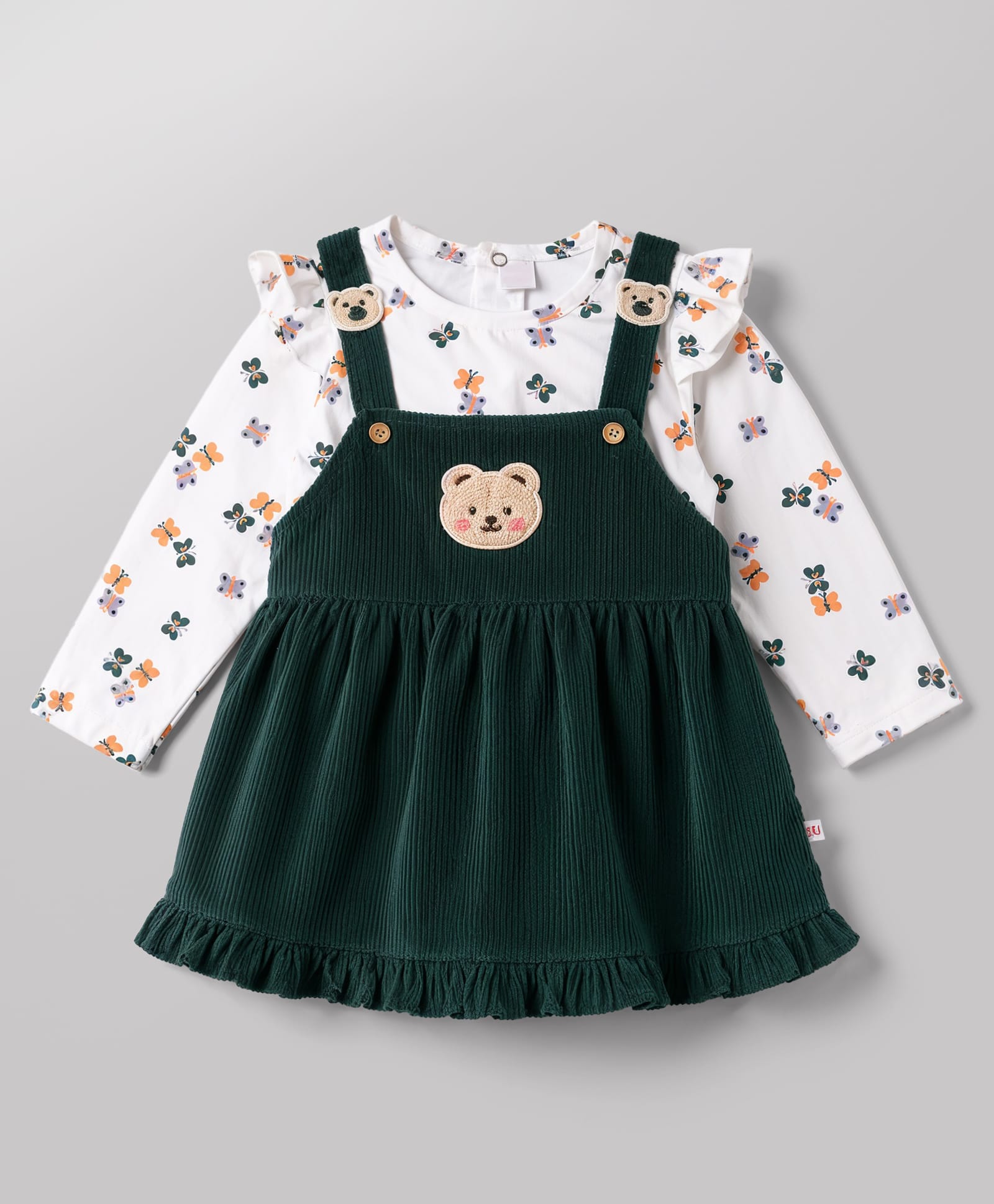 Wow Clothes Knit Rib Frock & Full Sleeves Inner Tee with Butterfly Print & Bear Patch- Dark Green-image-3
