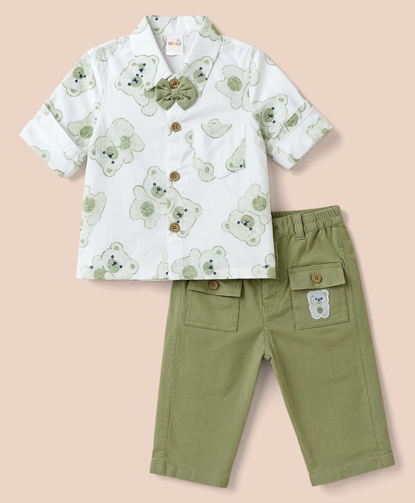 WOW Clothes Knit Full Sleeves Party Wear Bear Printed Shirt with Attached Bow & Corduroy Pant Set- Olive Green-image-19