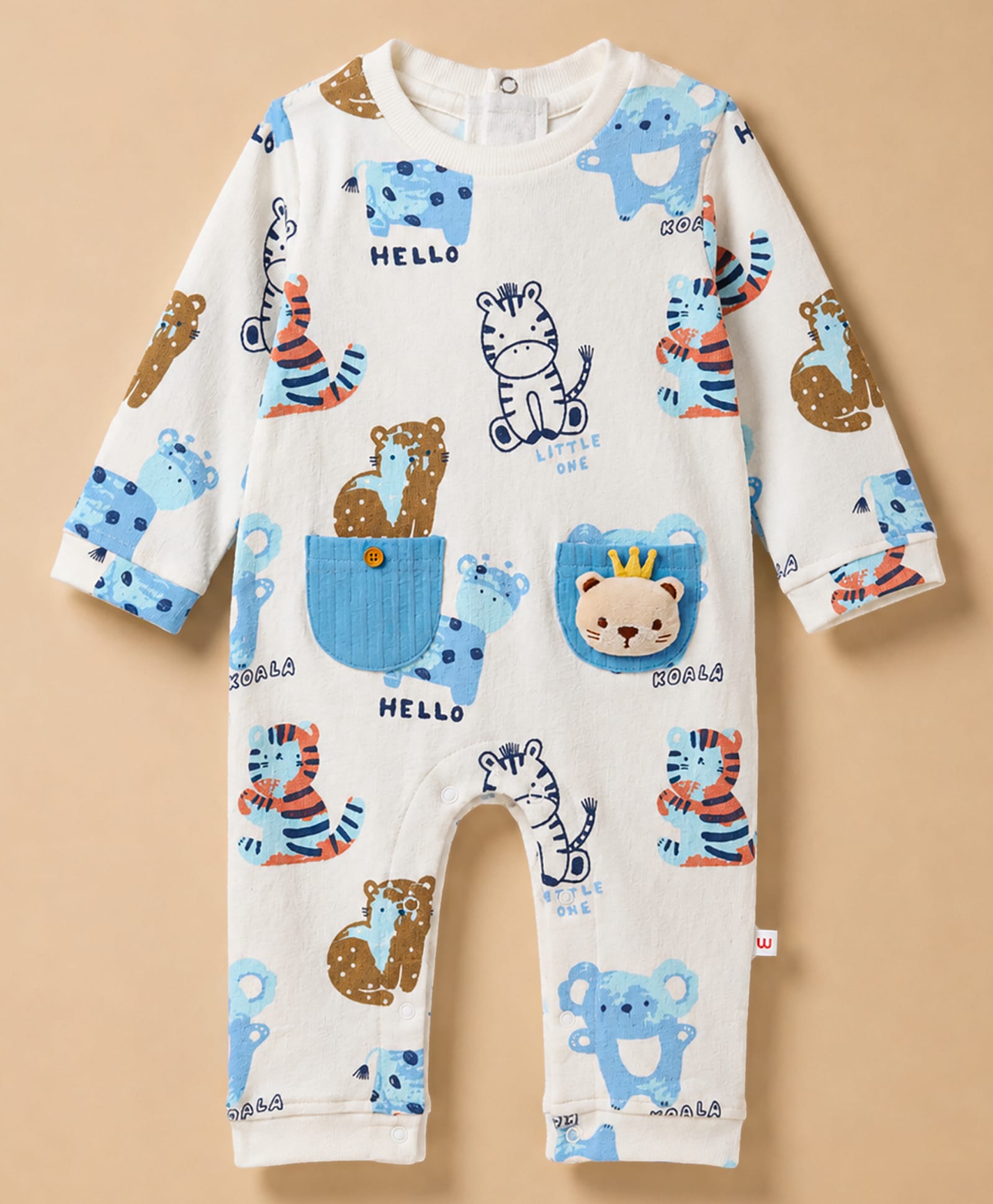 WOW Clothes Knitted Full Sleeves Rompers With Animal Print & Teddy Bear Applique - Blue-image-10