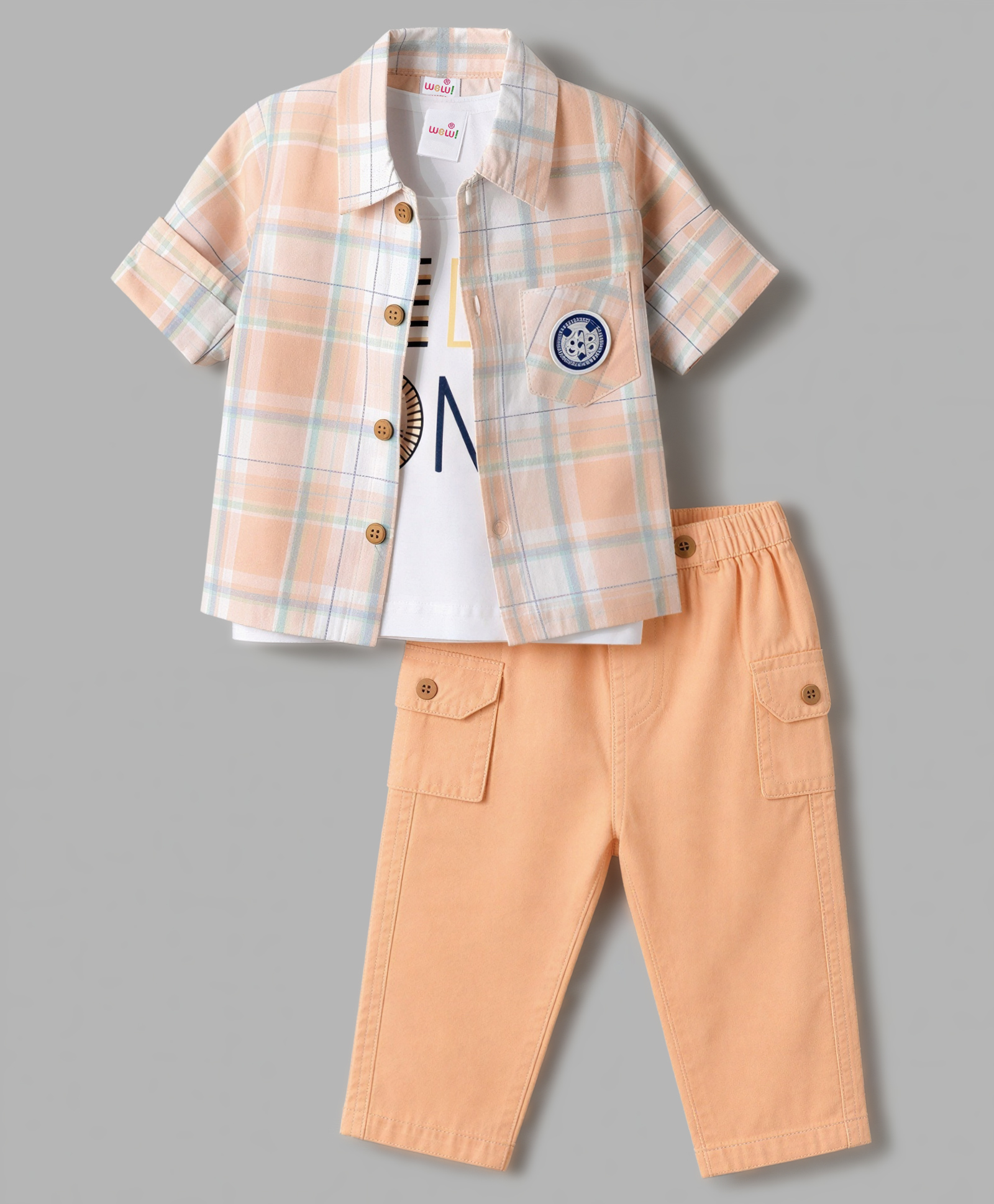 WOW Clothes 100% Cotton Knit Checked Half Sleeves Shirt & Pant With Inner Tee - Peach-picture-16