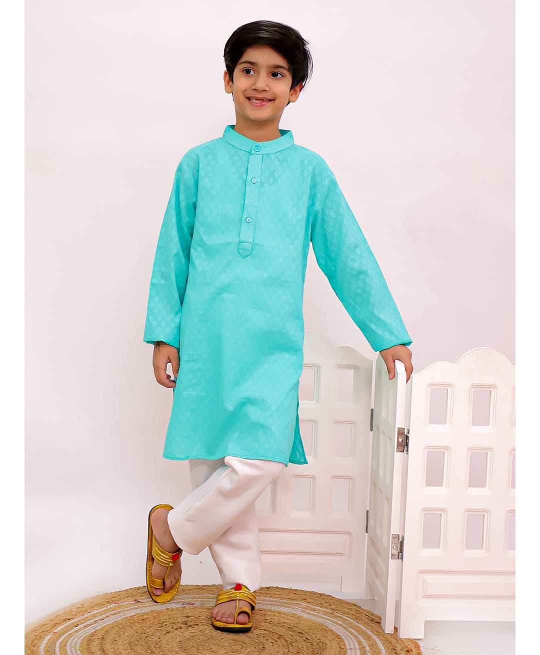 Twisha Woven Cotton Full Sleeves Self Designed Kurta & Pyjama Set - Blue & White-picture-10