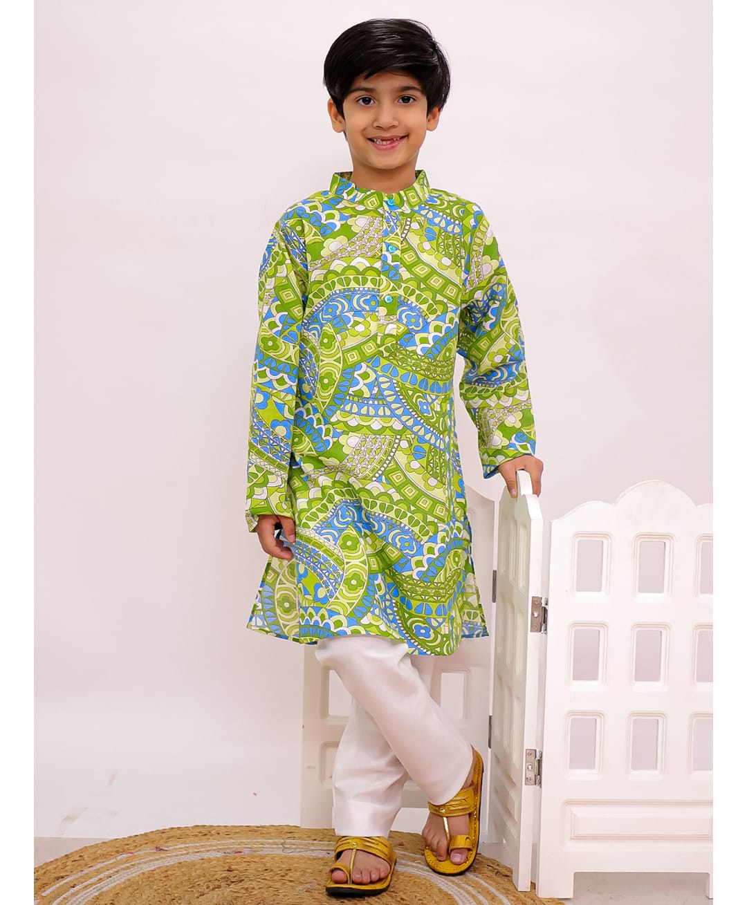 Twisha Cotton Woven Full Sleeves Abstract Printed Kurta & Pyjama Set - Lime Green & White-picture-10