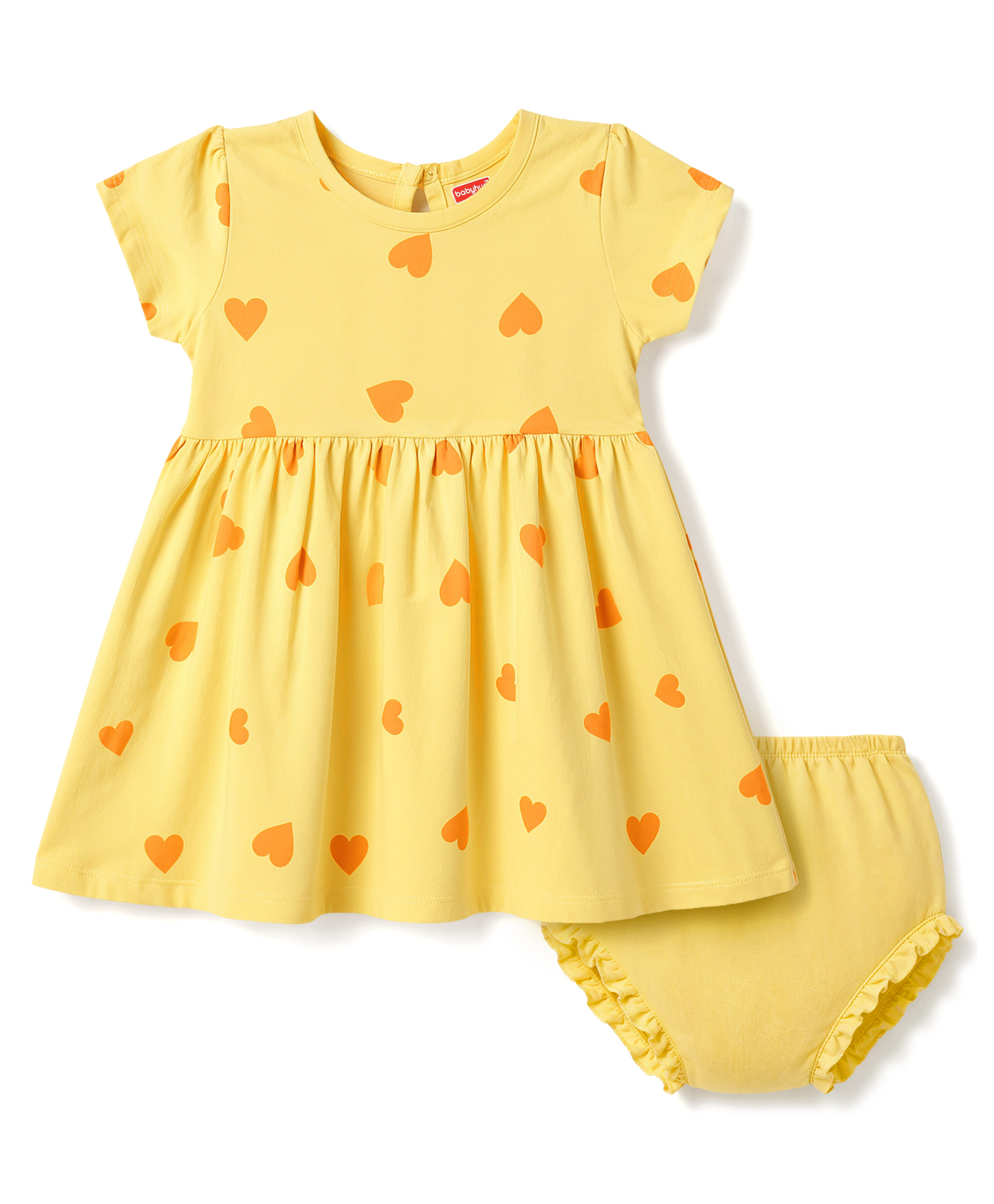 Babyhug Single Jersey Knit Half Sleeves Heart Printed Frock with Bloomer - Yellow-image-5