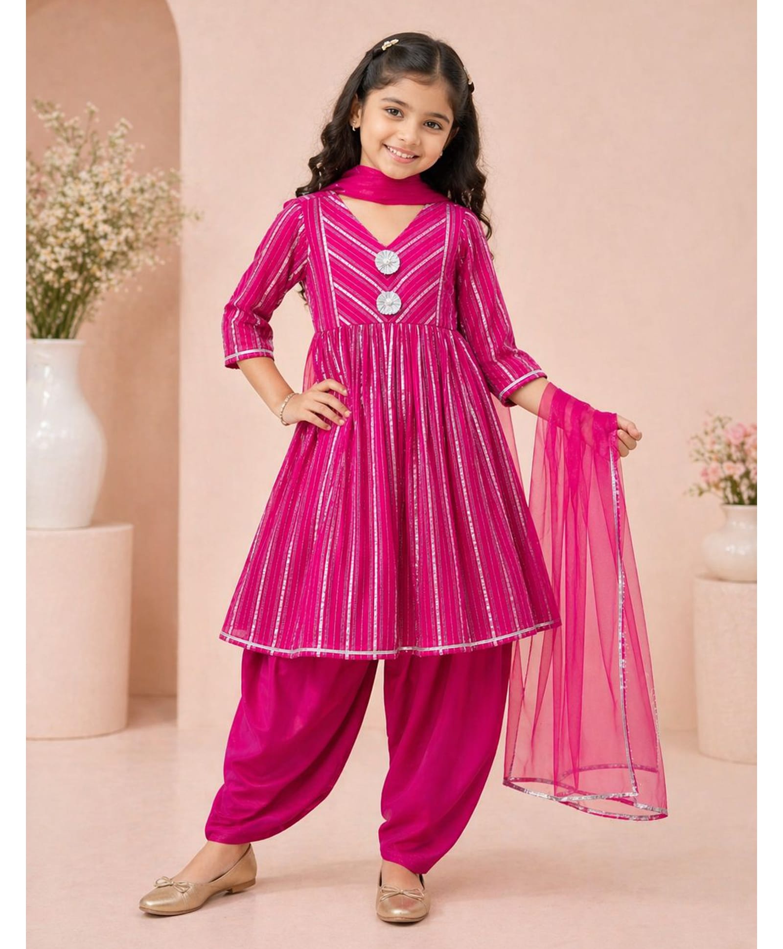 MASTARANG Cotton Woven Three Fourth Sleeves Lace Embellished Kurti & Salwar With Dupatta Set - Fuchsia-image-40