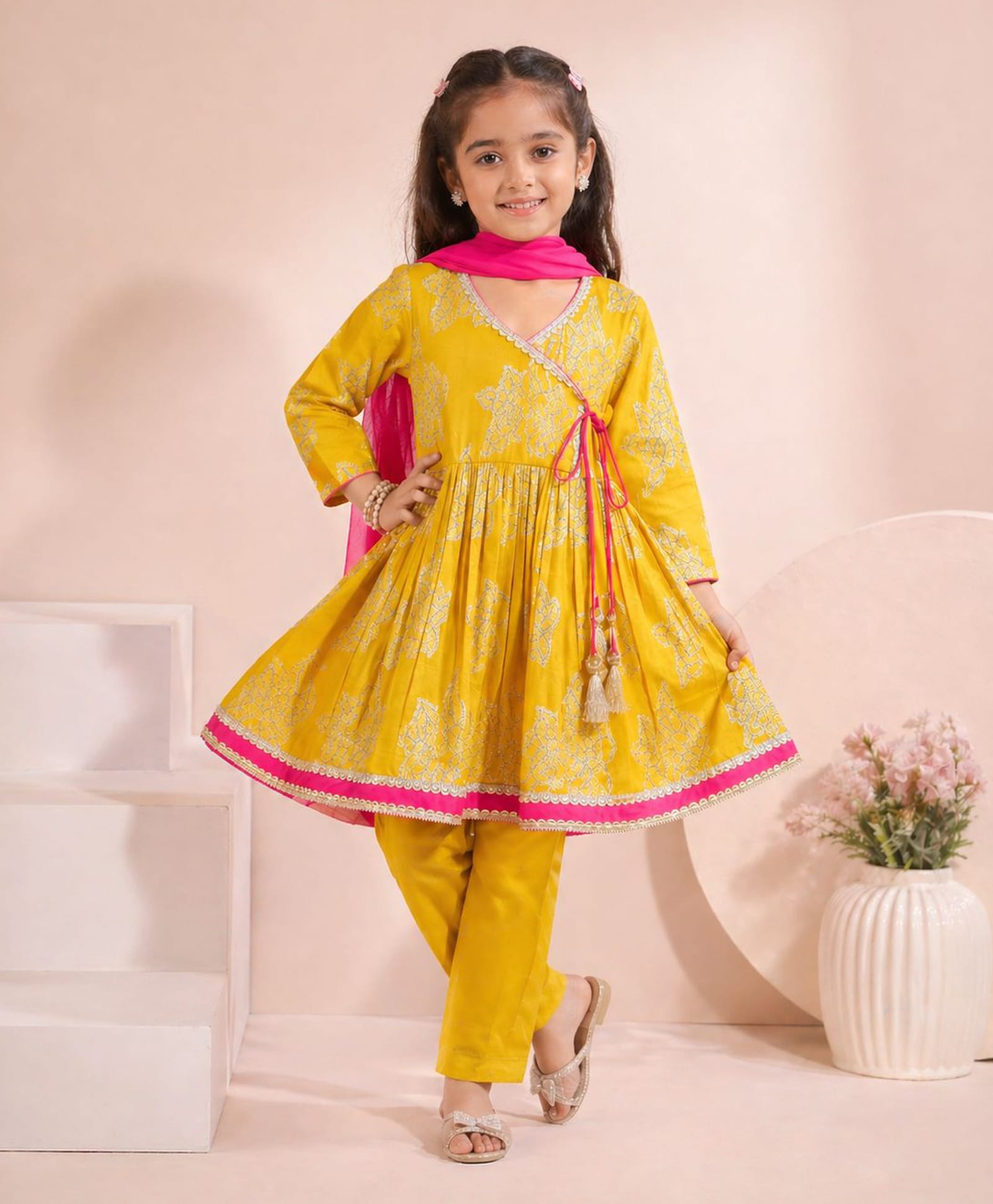 MASTARANG Cotton Woven Three Fourth Sleeves Floral Embroidered Kurti & Pants With Dupatta Set - Mustard-image-22