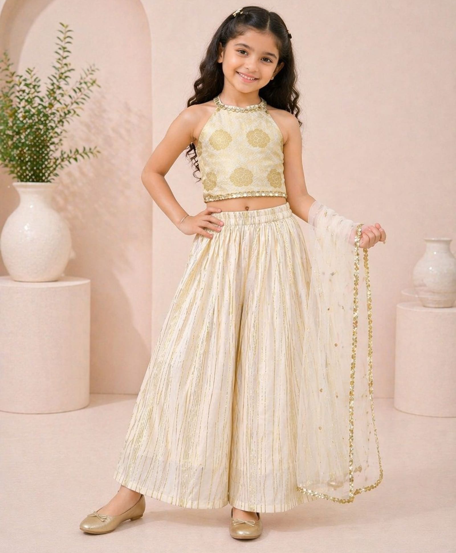 MASTARANG Blended Sleeveless Lace Embellished Choli Ghagara Set With Dupatta - Off White-image-45