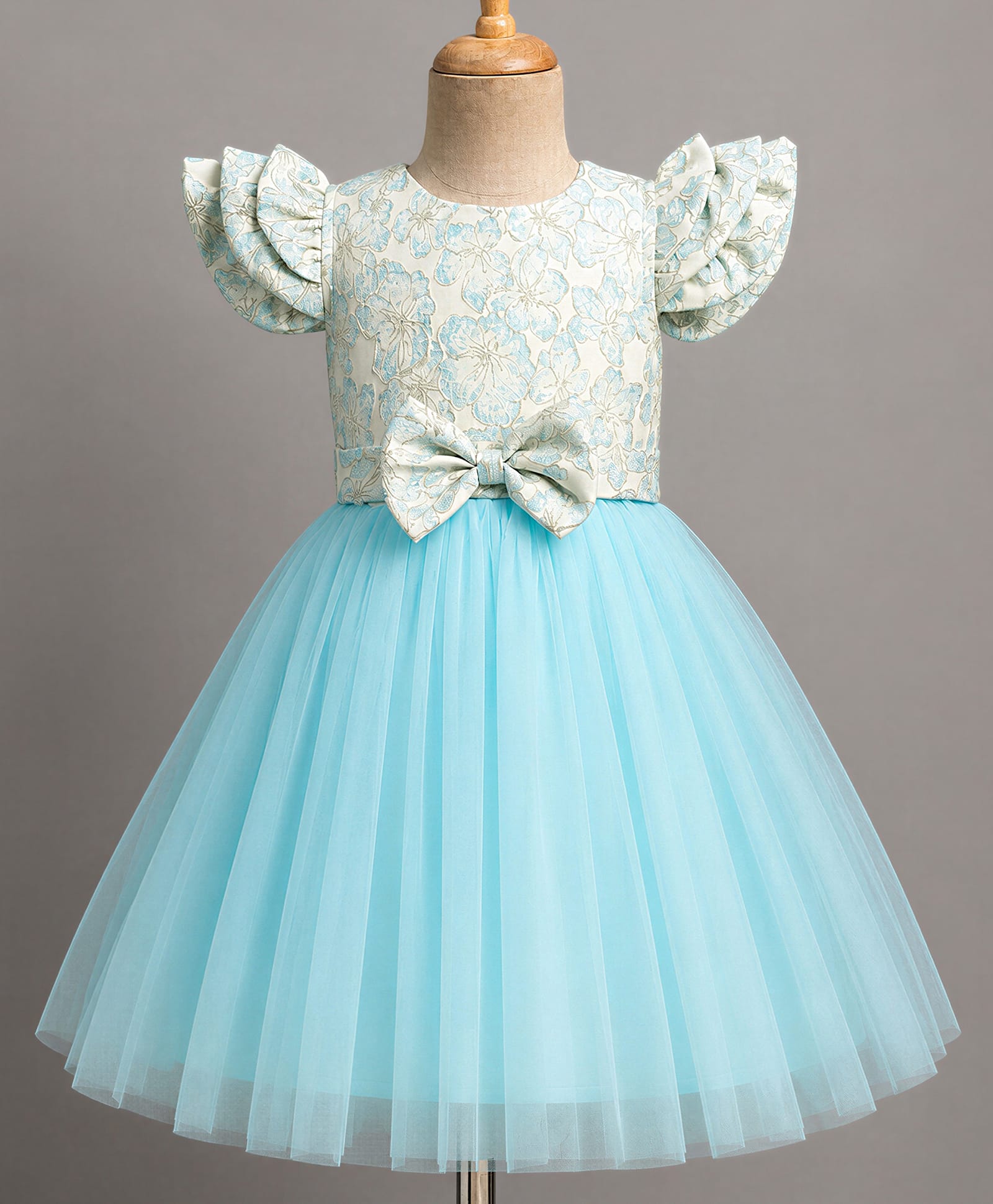 Mark & Mia Woven Half sleeves Party Dress With Floral Embroidery & Bow Applique - Light Blue-image-47