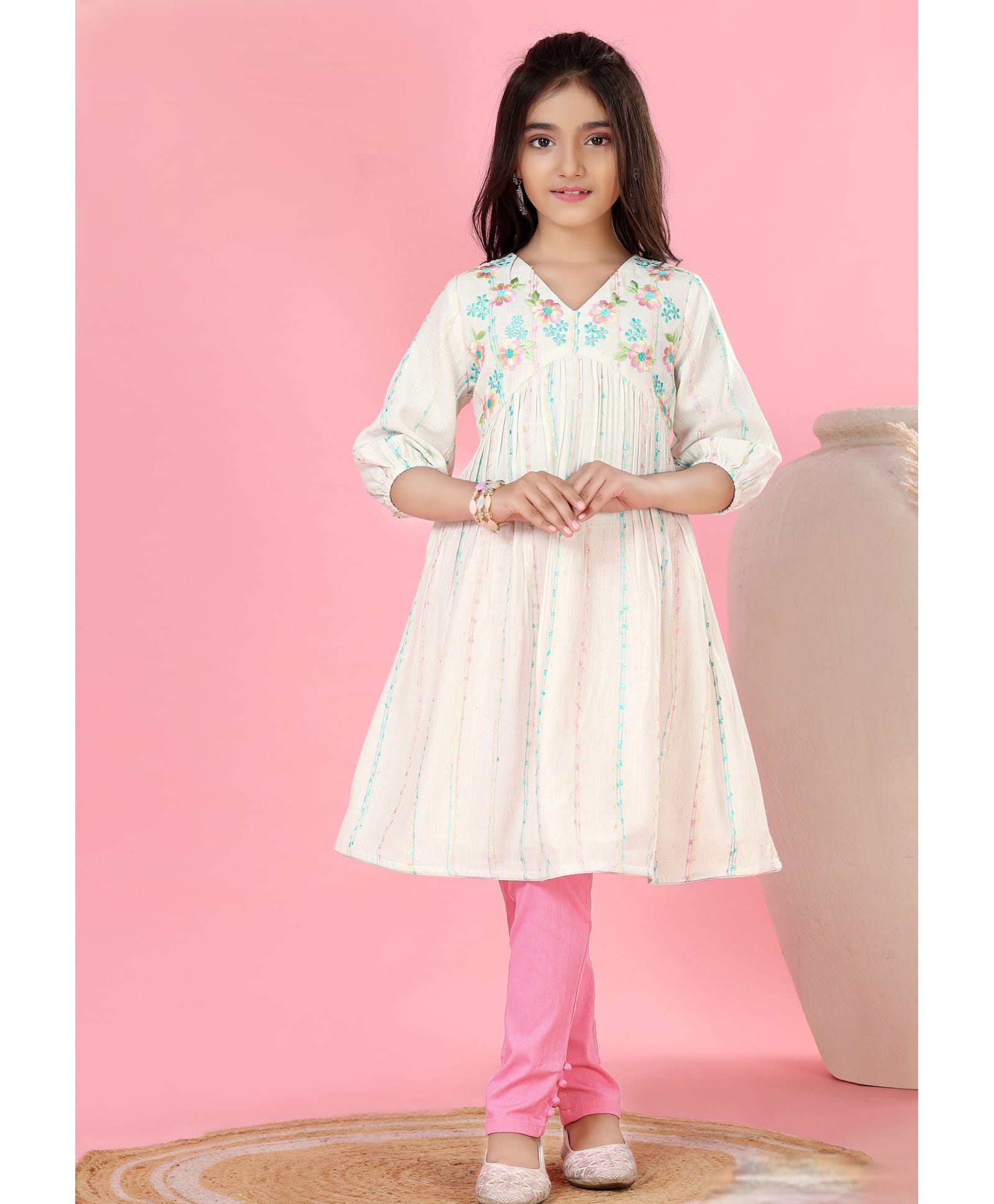 MASTARANG Flax Woven Three Fourth Sleeves Floral Embroidered Kurti & Pants Set - Off White-image-39