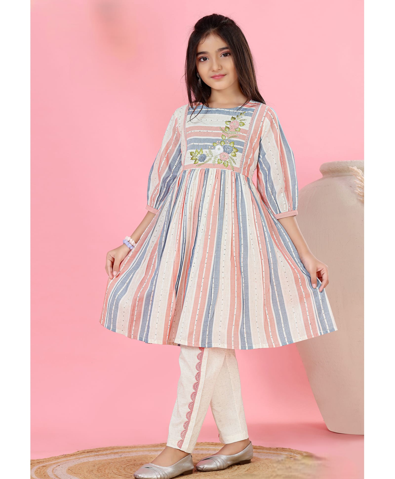 MASTARANG Rayon Woven Three Fourth Sleeves Striped & Floral Embroidered Kurti & Pants Set - Off White-image-49