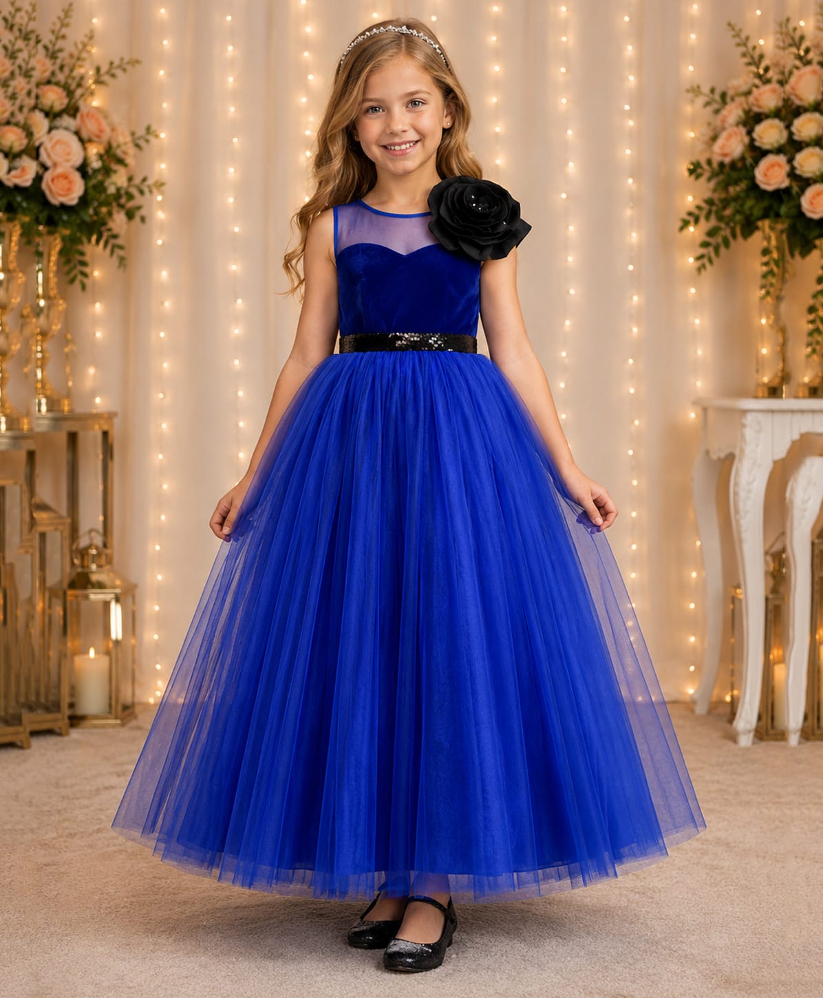 Toy Balloon Kids Velvet Mesh Sleeveless Sequins Embellished Floral Applique Detailed Gown - Blue-image-49