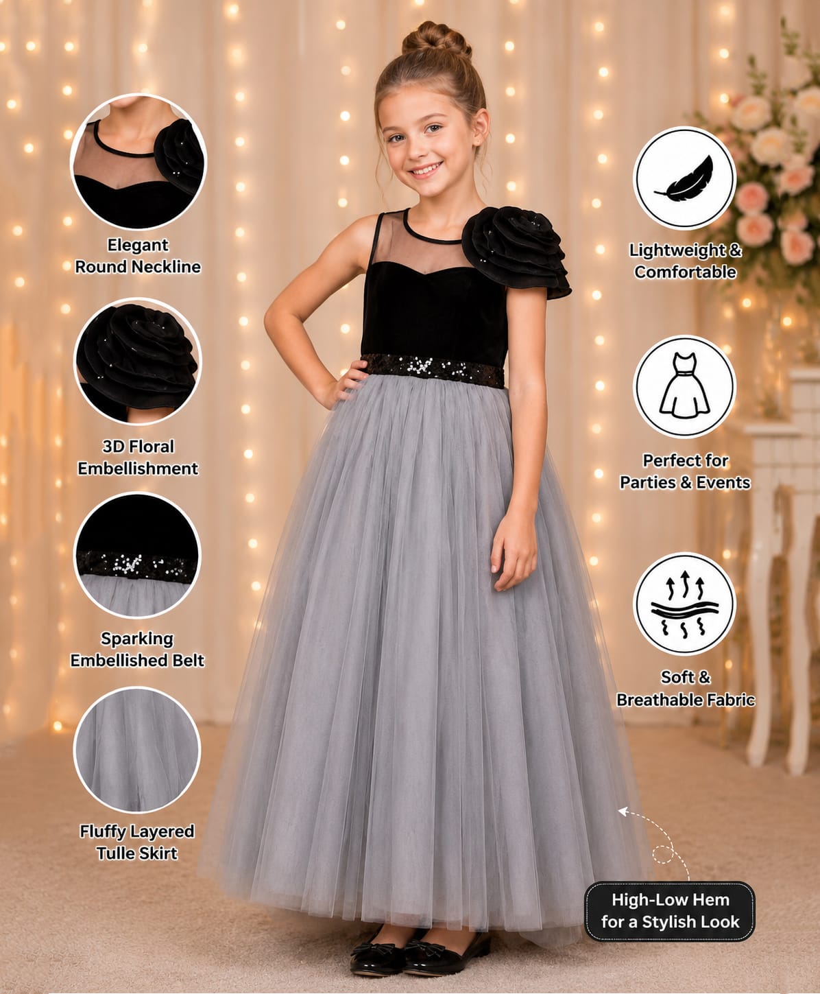 Toy Balloon Kids Velvet Mesh Sleeveless Sequins Embellished Floral Applique Detailed Gown - Grey-picture-17
