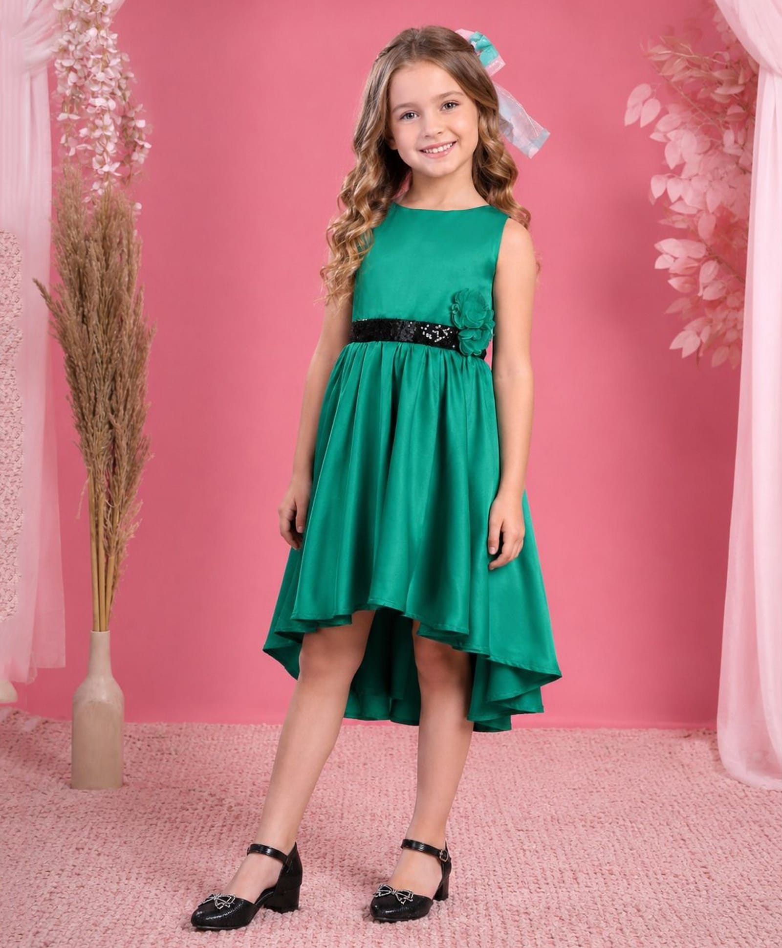 Toy Balloon Kids Satin Mesh Sleeveless Sequin Embellished Floral Applique Detailed High Low Dress - Rama Green-image-30
