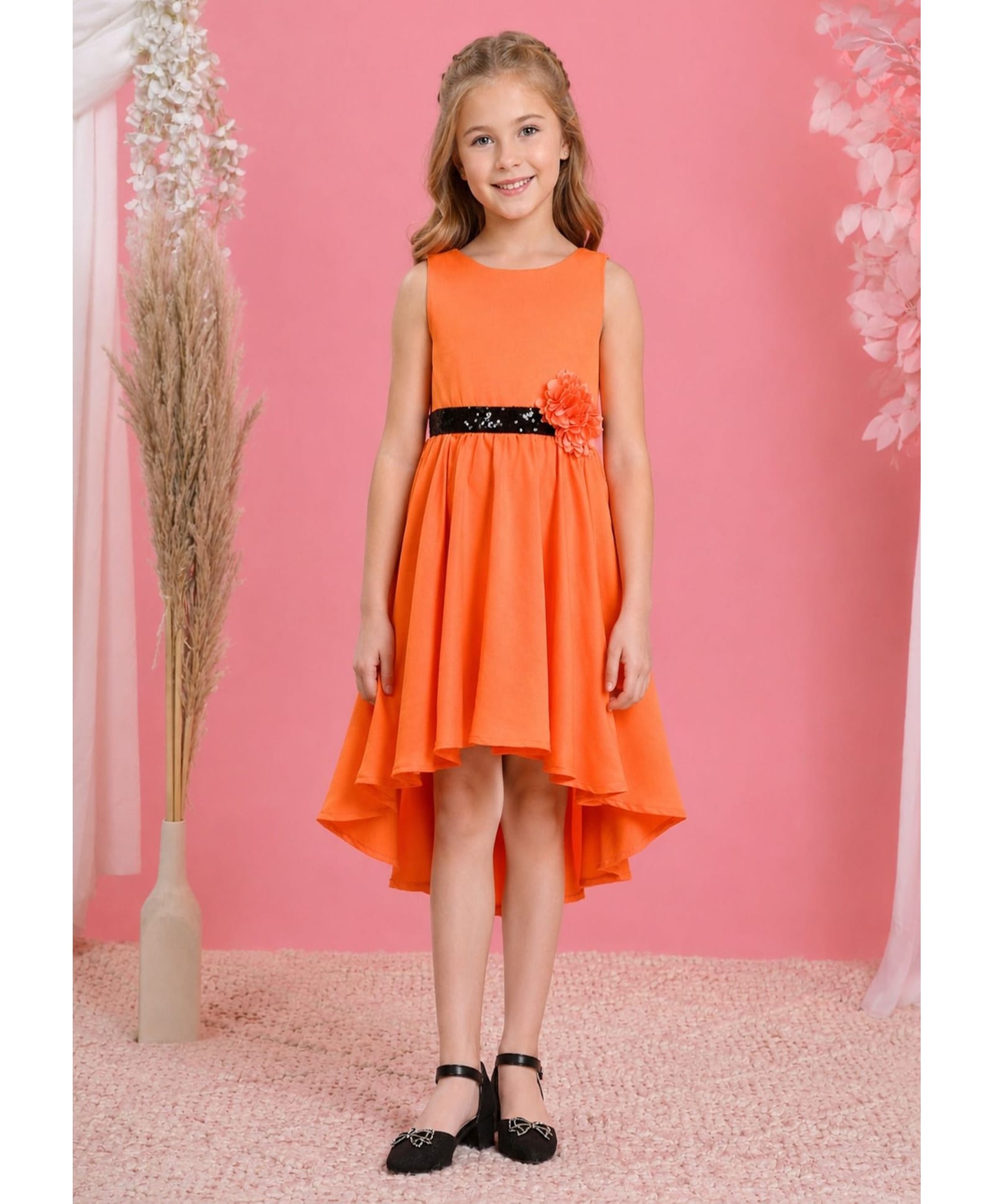 Toy Balloon Kids Satin Mesh Sleeveless Sequin Embellished Floral Applique Detailed High Low Dress - Orange-picture-22