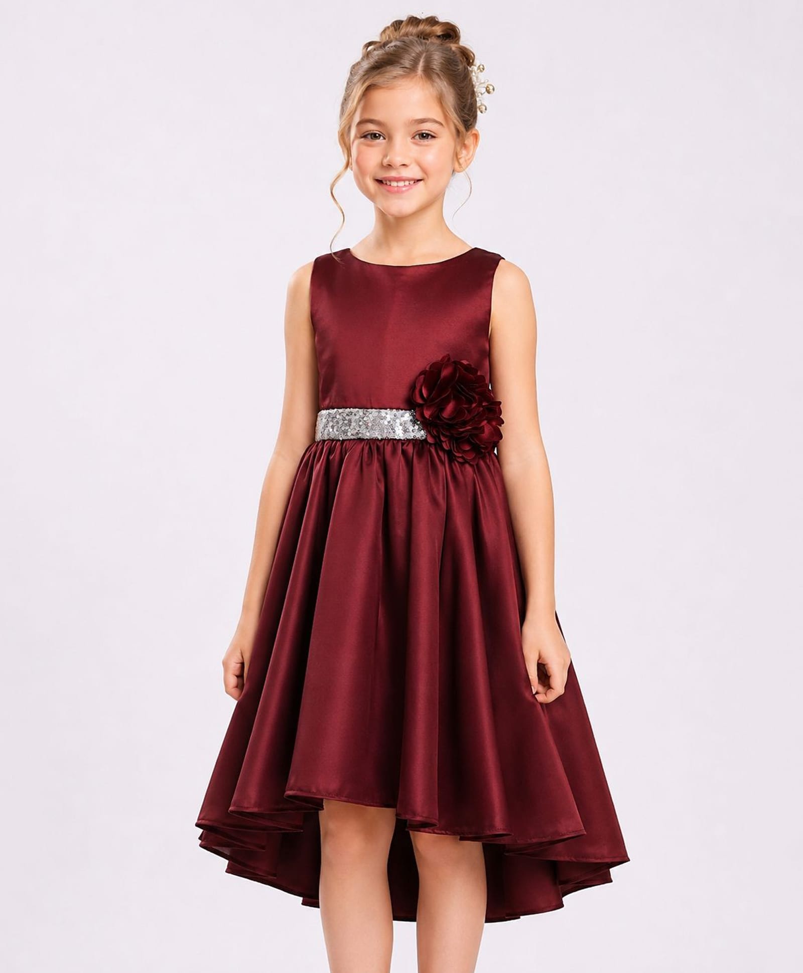 Toy Balloon Kids Satin Mesh Sleeveless Sequin Embellished Floral Applique Detailed High Low Dress - Brown-image-35