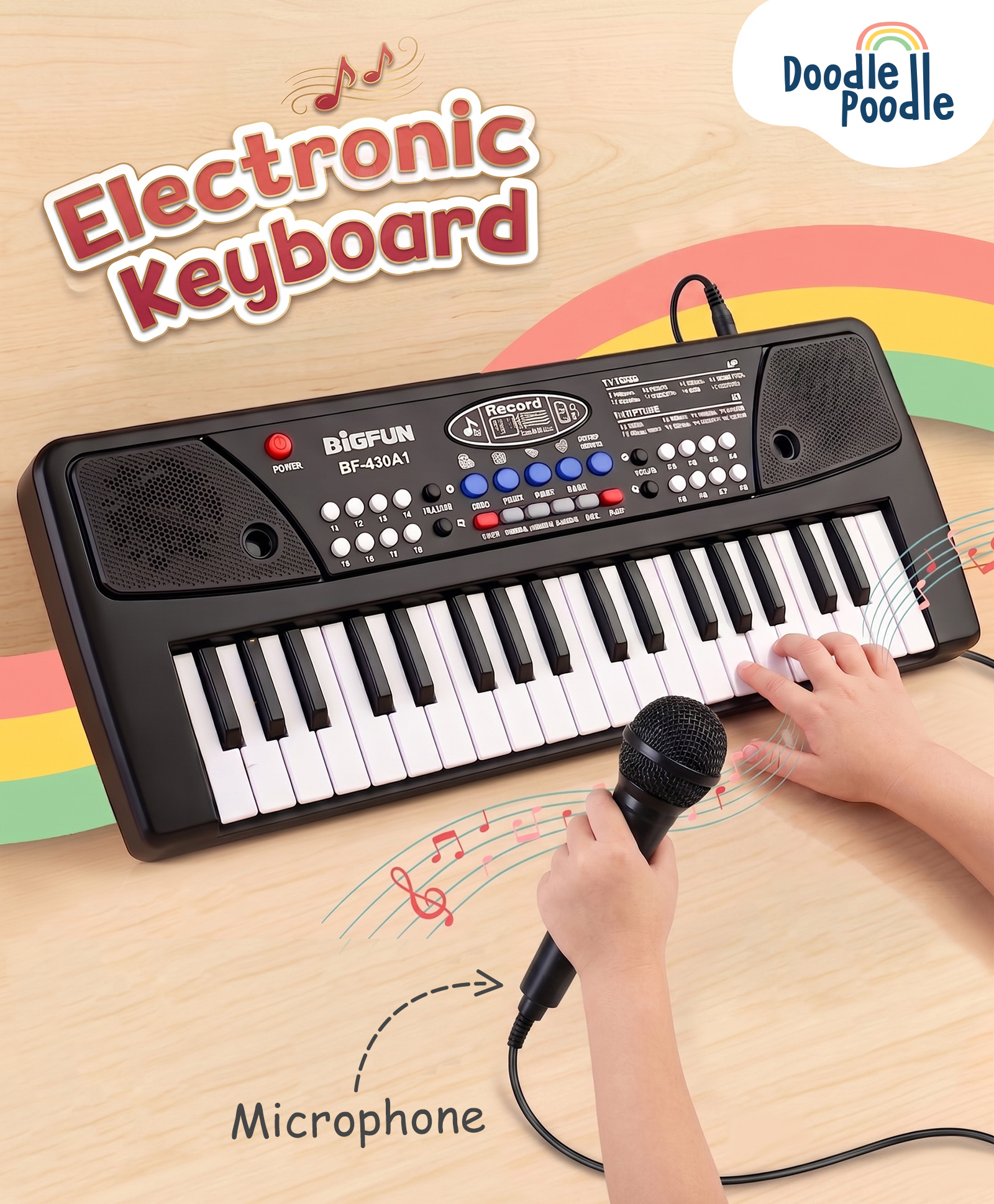 Doodle Poodle Electronic Keyboard Piano with Microphone for Kids | Interactive Musical Toy with Sound & Music Features | Type C Cable Included | Karaoke | Ideal For Gifting | Educator Recommended-picture-23