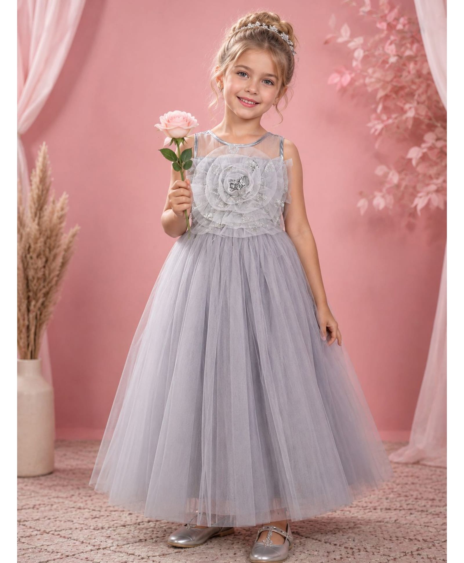 Toy Balloon kids Net woven Sleeveless Embellished Flower Applique Detailed Gown Full Length -Grey-image-4